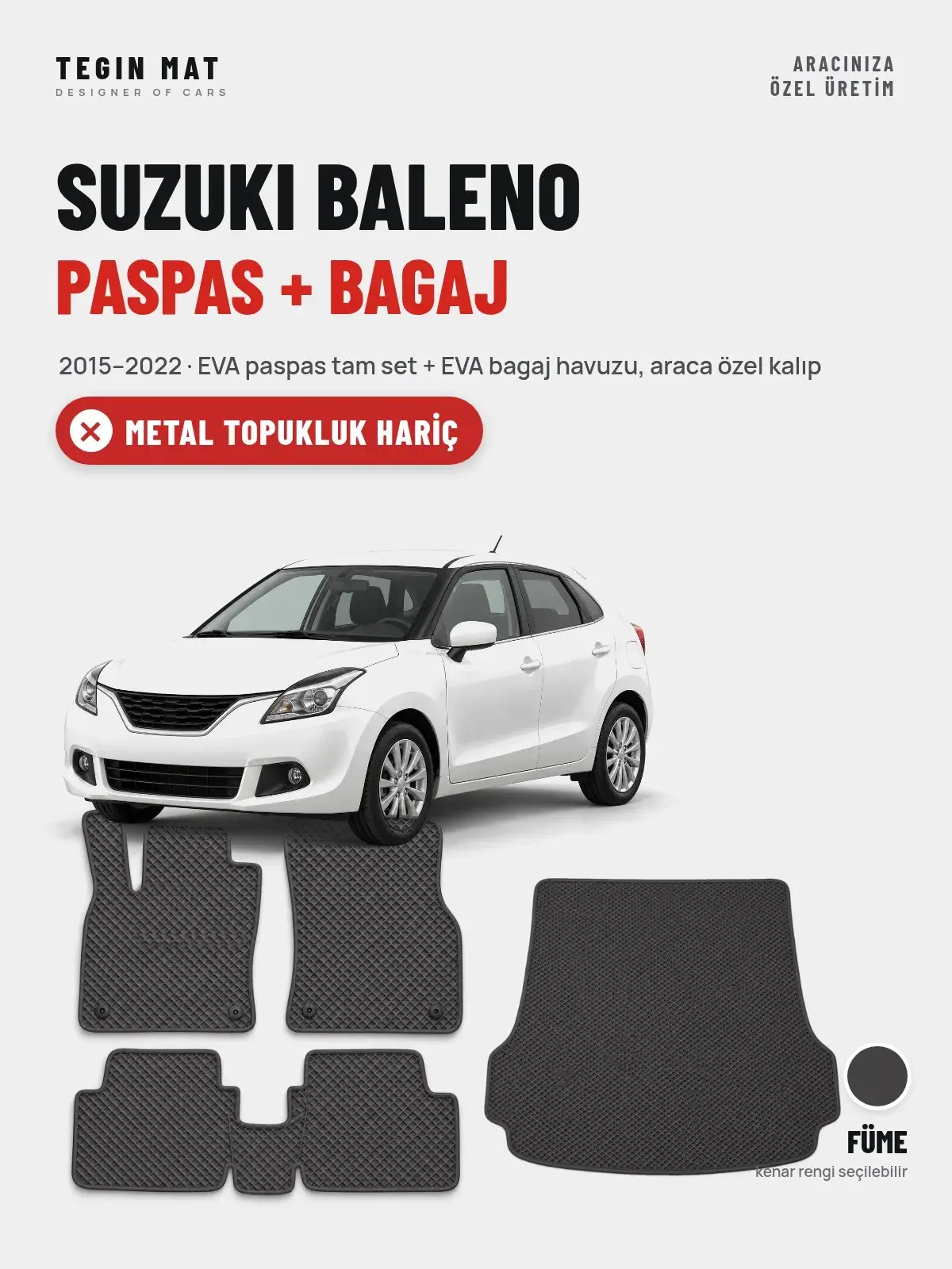 Suzuki Baleno EVA Paspas + Bagaj Havuzu Seti (2015–2022) Füme – Metal Topukluk Hariç (1)