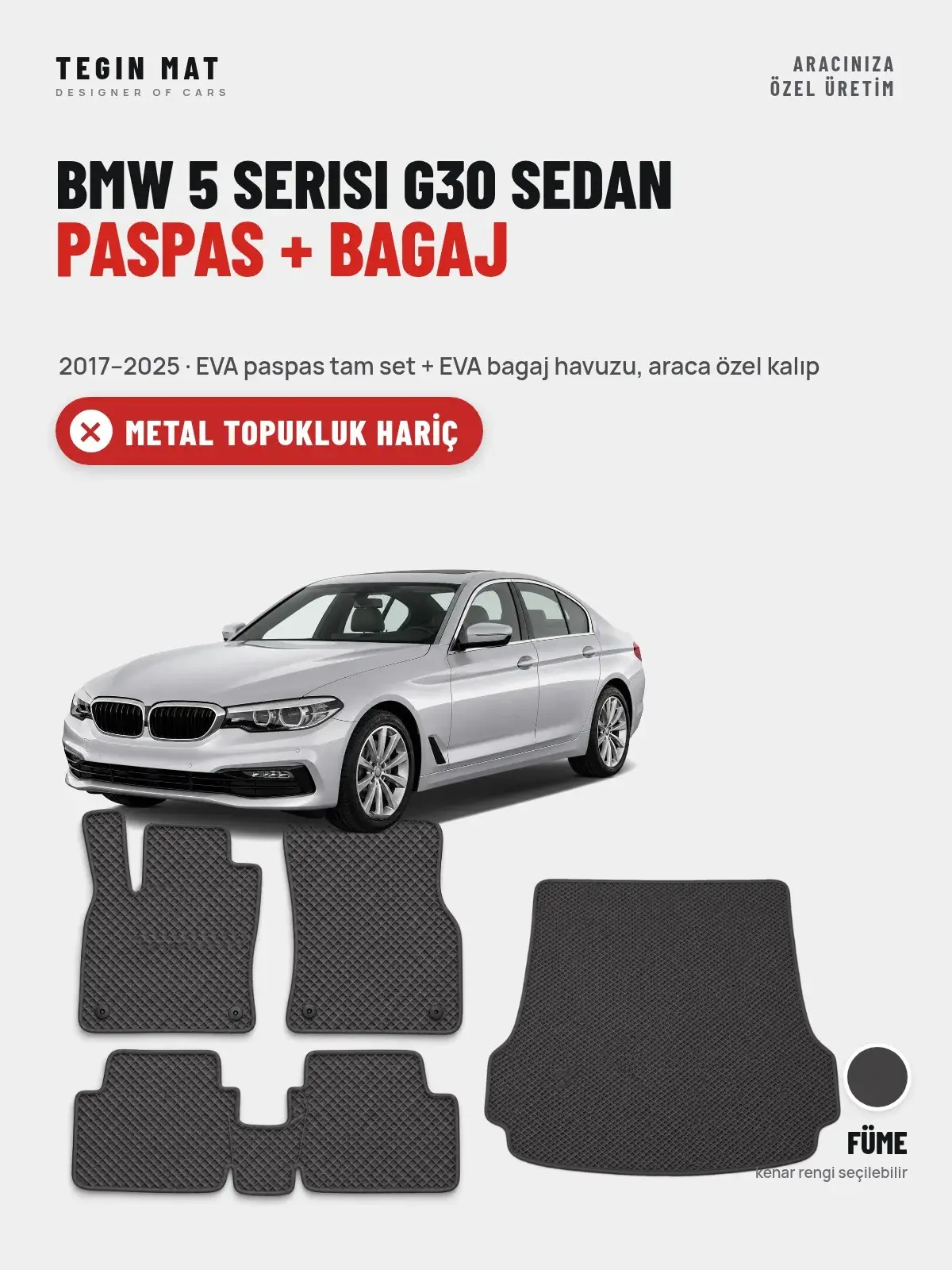 BMW 5 Serisi G30 Sedan EVA Paspas + Bagaj Havuzu Seti (2017–2025) Füme – Metal Topukluk Hariç (1)