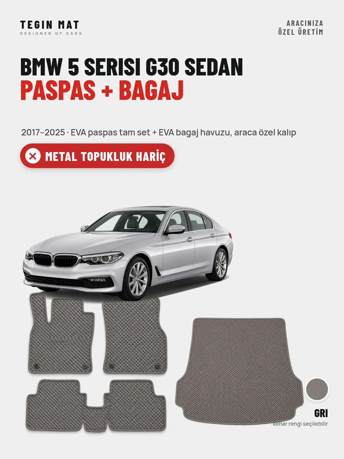 BMW 5 Serisi G30 Sedan EVA Paspas + Bagaj Havuzu Seti (2017–2025) Gri – Metal Topukluk Hariç (1)
