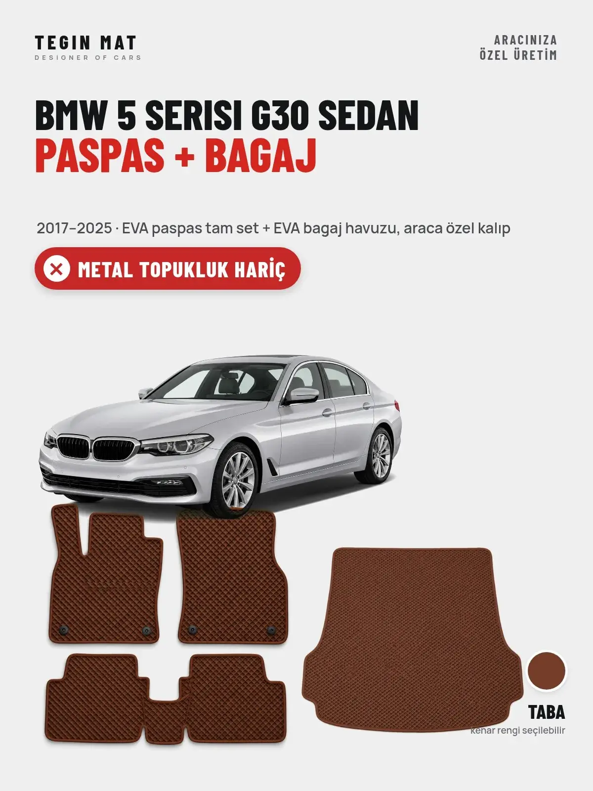 BMW 5 Serisi G30 Sedan EVA Paspas + Bagaj Havuzu Seti (2017–2025) Taba – Metal Topukluk Hariç (1)