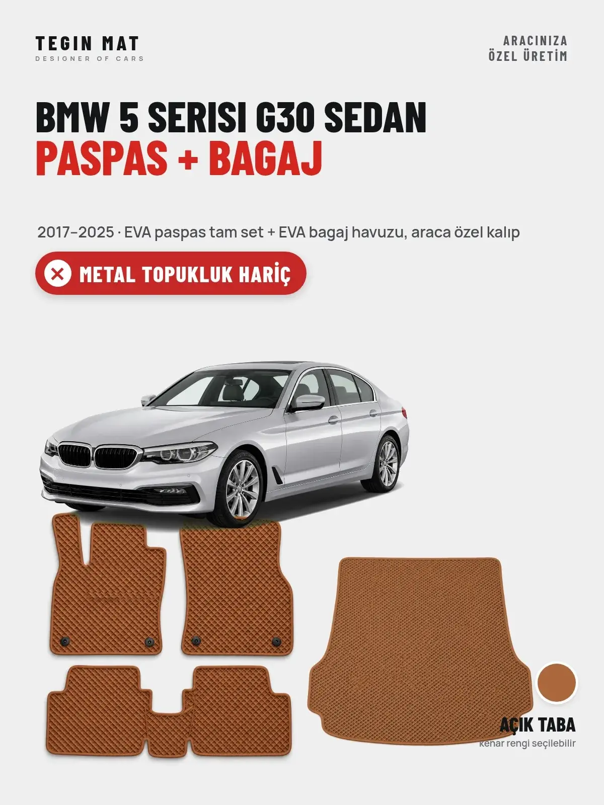 BMW 5 Serisi G30 Sedan EVA Paspas + Bagaj Havuzu Seti (2017–2025) Açık Taba – Metal Topukluk Hariç (1)