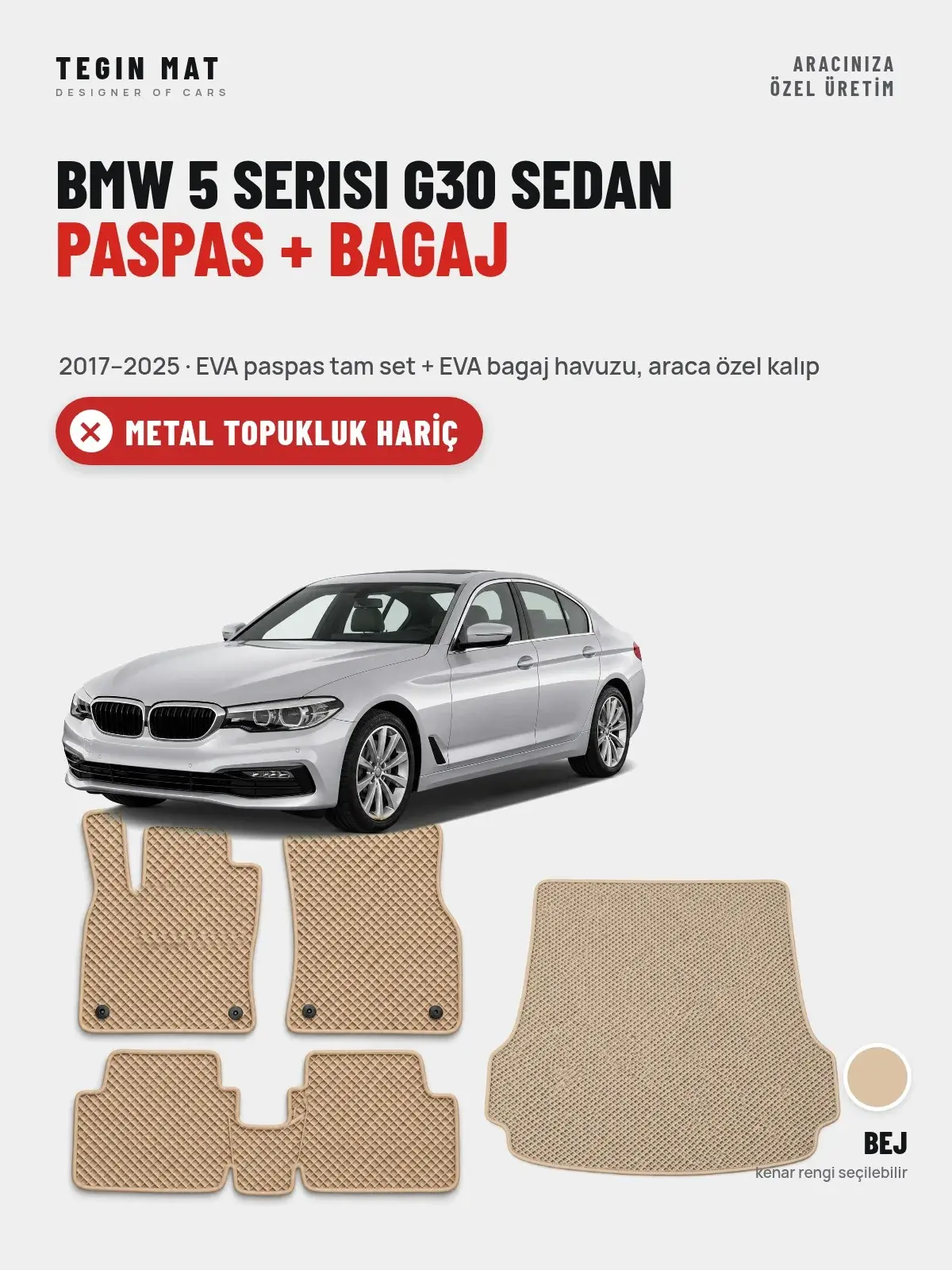 BMW 5 Serisi G30 Sedan EVA Paspas + Bagaj Havuzu Seti (2017–2025) Bej – Metal Topukluk Hariç (1)