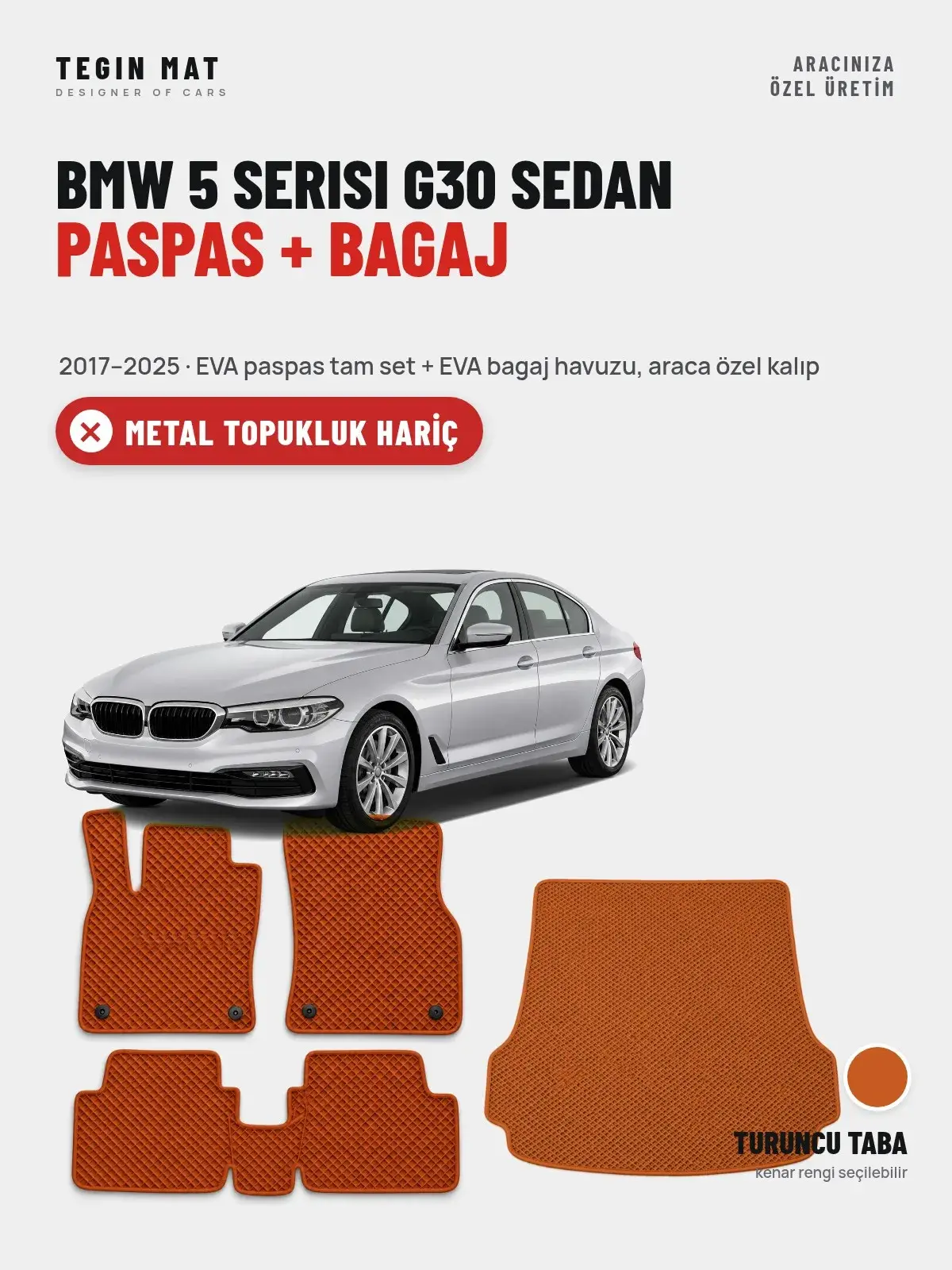 BMW 5 Serisi G30 Sedan EVA Paspas + Bagaj Havuzu Seti (2017–2025) Turuncu Taba – Metal Topukluk Hariç (1)