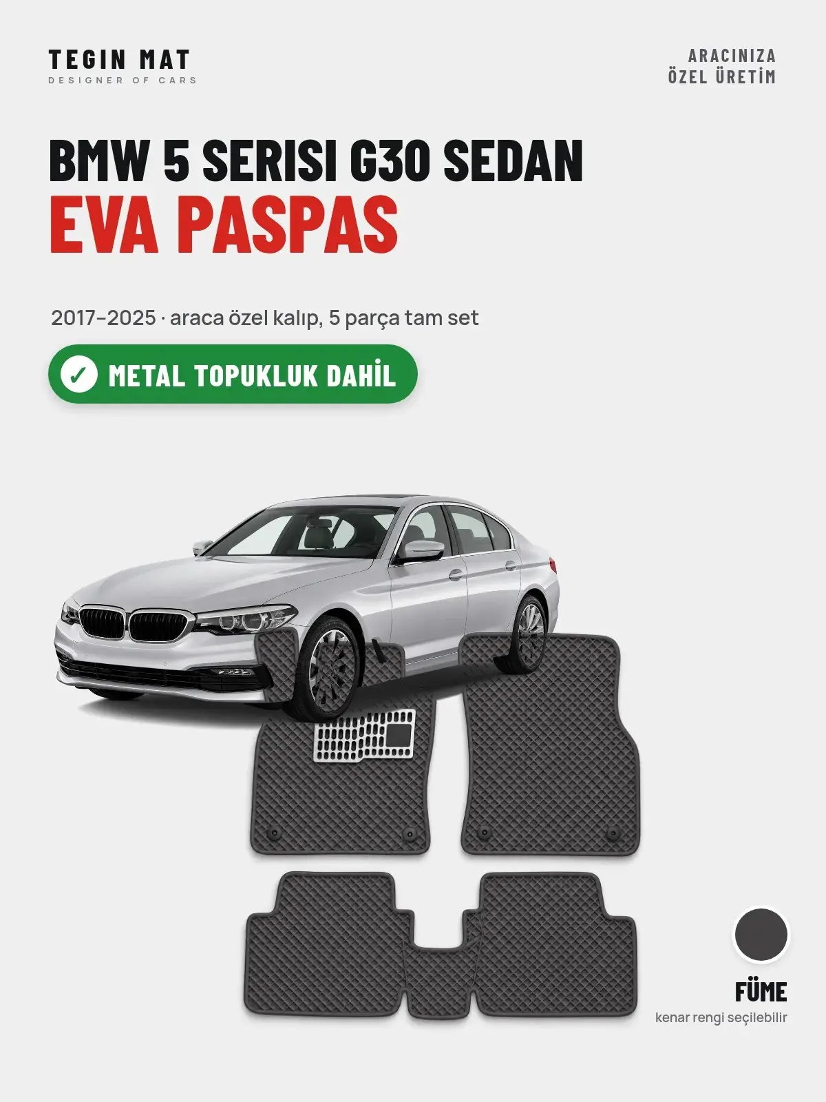 BMW 5 Serisi G30 Sedan EVA Oto Paspas Tam Set (2017–2025) Füme – Metal Topukluk Dahil (1)