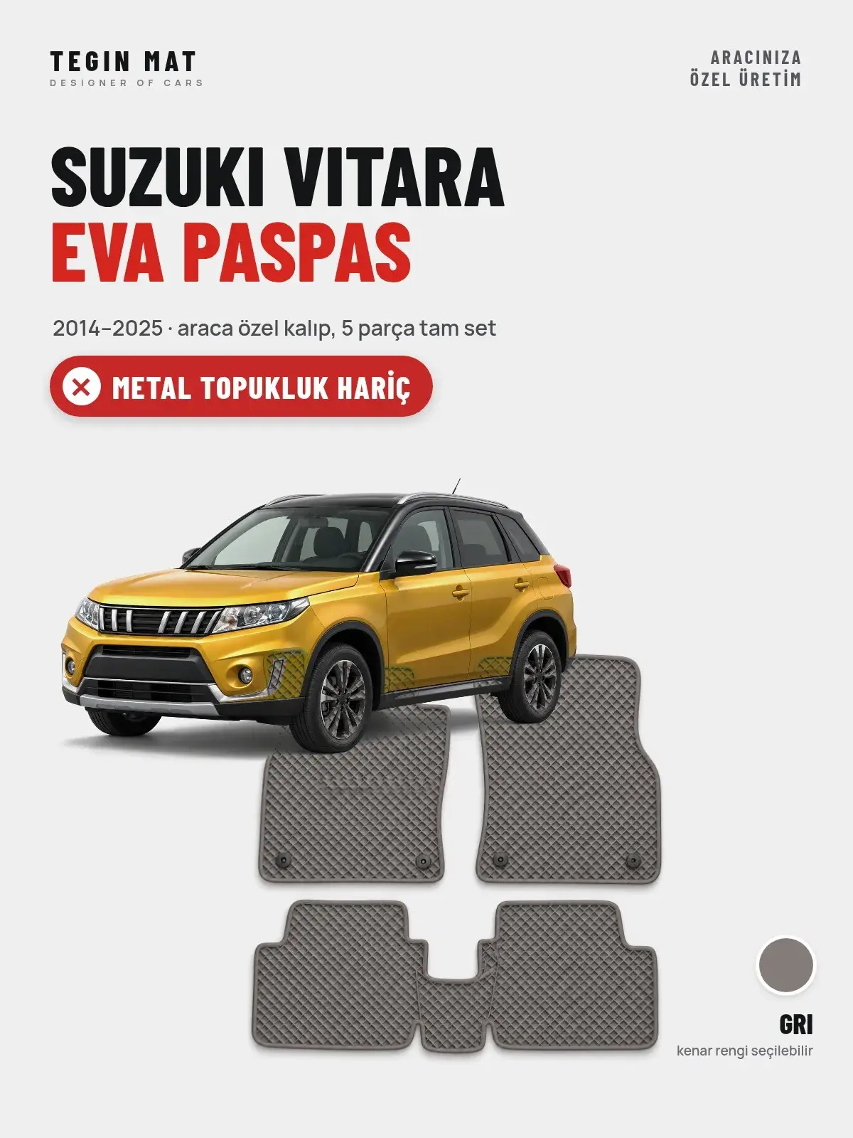 Suzuki Vitara EVA Oto Paspas Tam Set (2014–2025) Gri – Metal Topukluk Hariç (1)