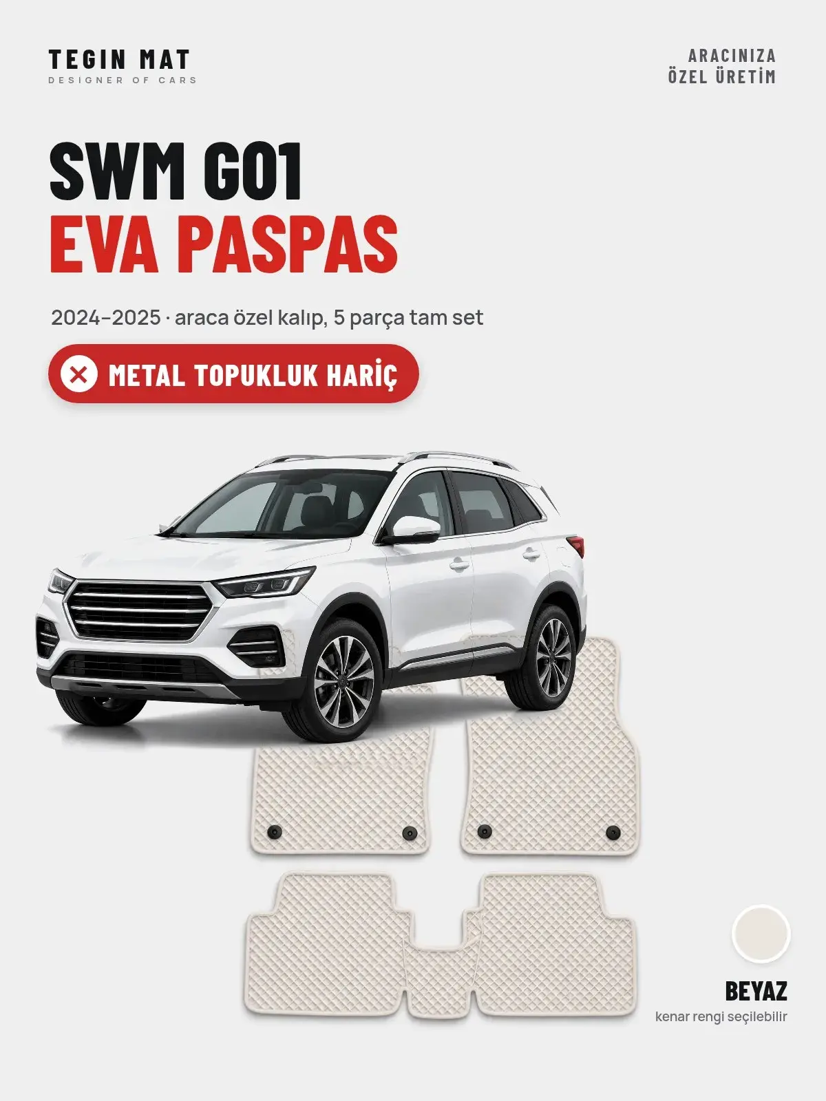 SWM G01 EVA Oto Paspas Tam Set (2024–2025) Beyaz – Metal Topukluk Hariç (1)