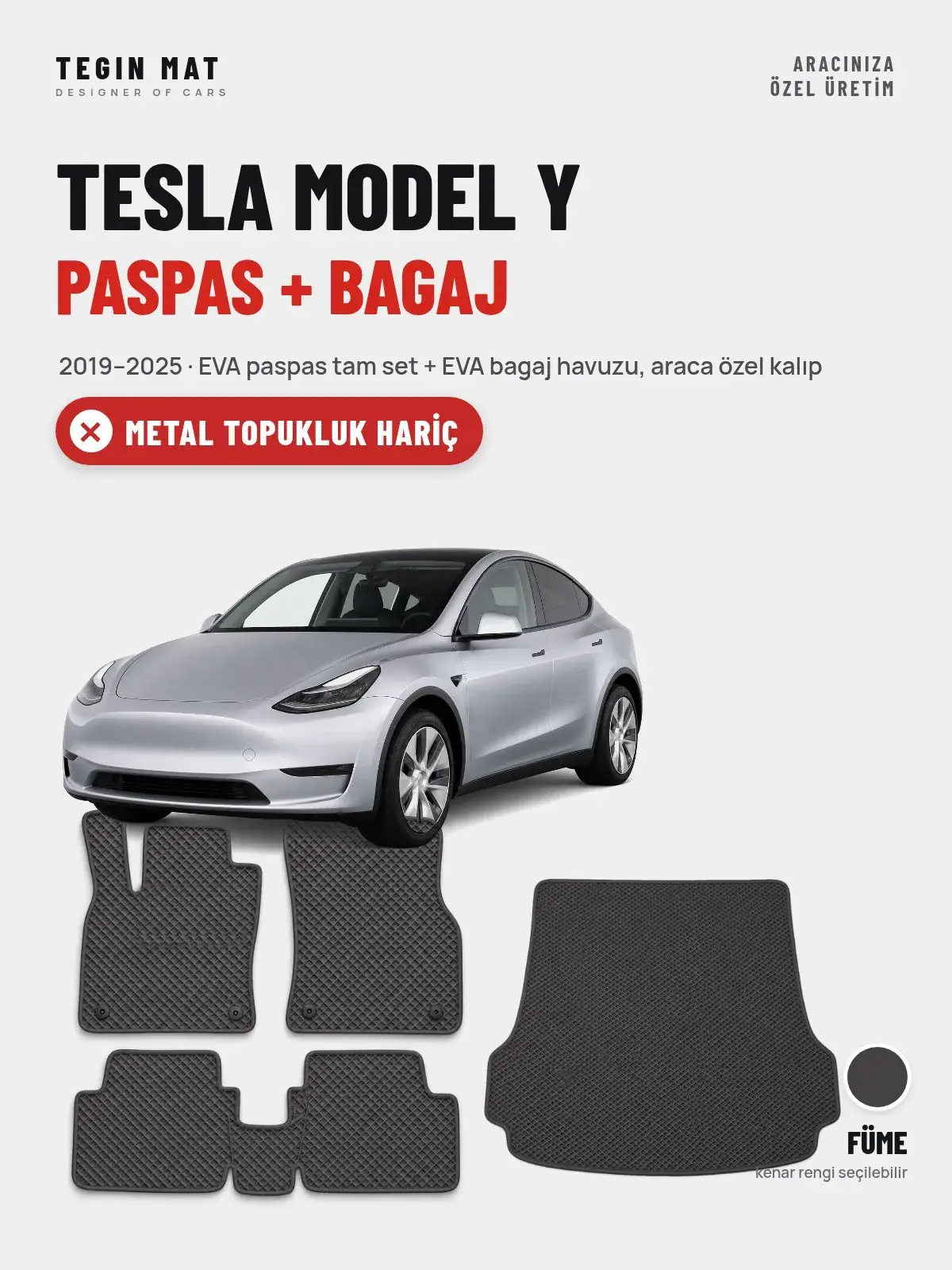 Tesla Model Y EVA Paspas + Bagaj Havuzu Seti (2019–2025) Füme – Metal Topukluk Hariç (1)