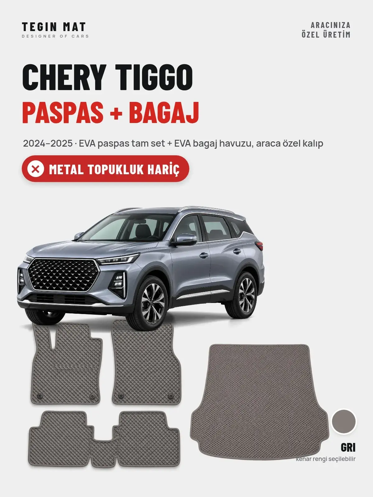 Chery Tiggo EVA Paspas + Bagaj Havuzu Seti (2024–2025) Gri – Metal Topukluk Hariç (1)