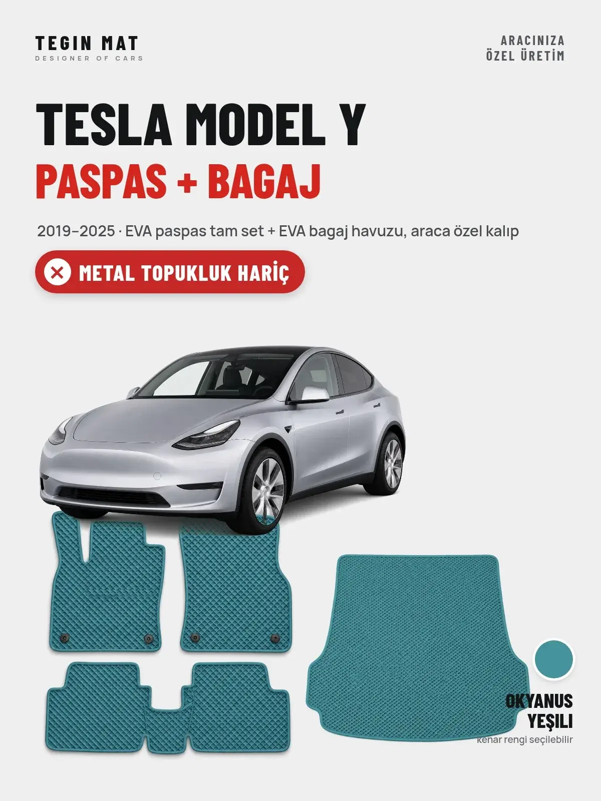 Tesla Model Y EVA Paspas + Bagaj Havuzu Seti (2019–2025) Okyanus Yeşili – Metal Topukluk Hariç (1)