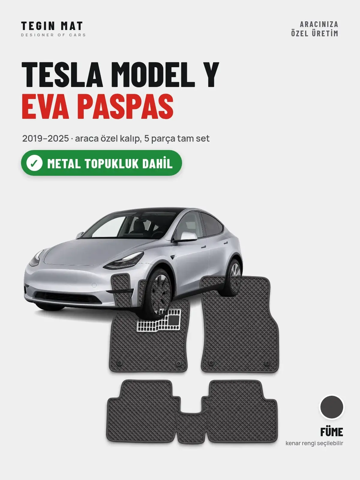 Tesla Model Y EVA Oto Paspas Tam Set (2019–2025) Füme – Metal Topukluk Dahil (1)