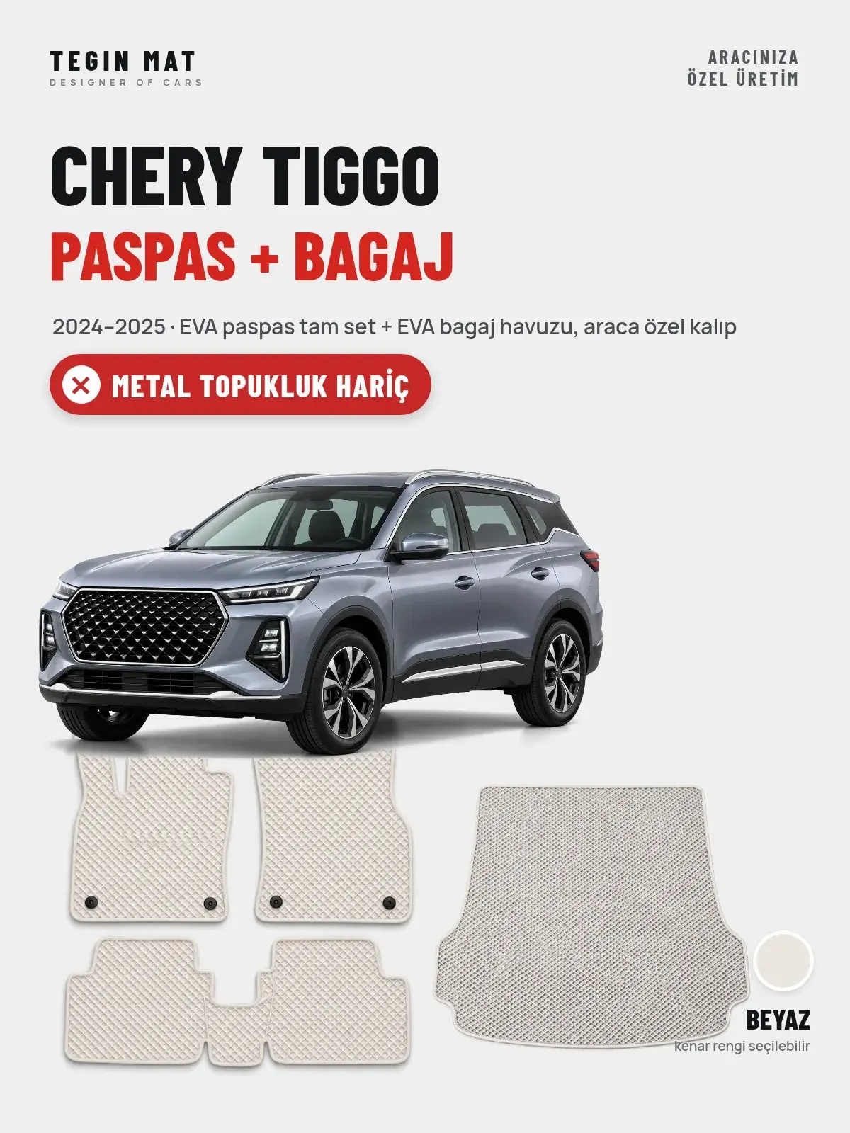 Chery Tiggo EVA Paspas + Bagaj Havuzu Seti (2024–2025) Beyaz – Metal Topukluk Hariç (1)