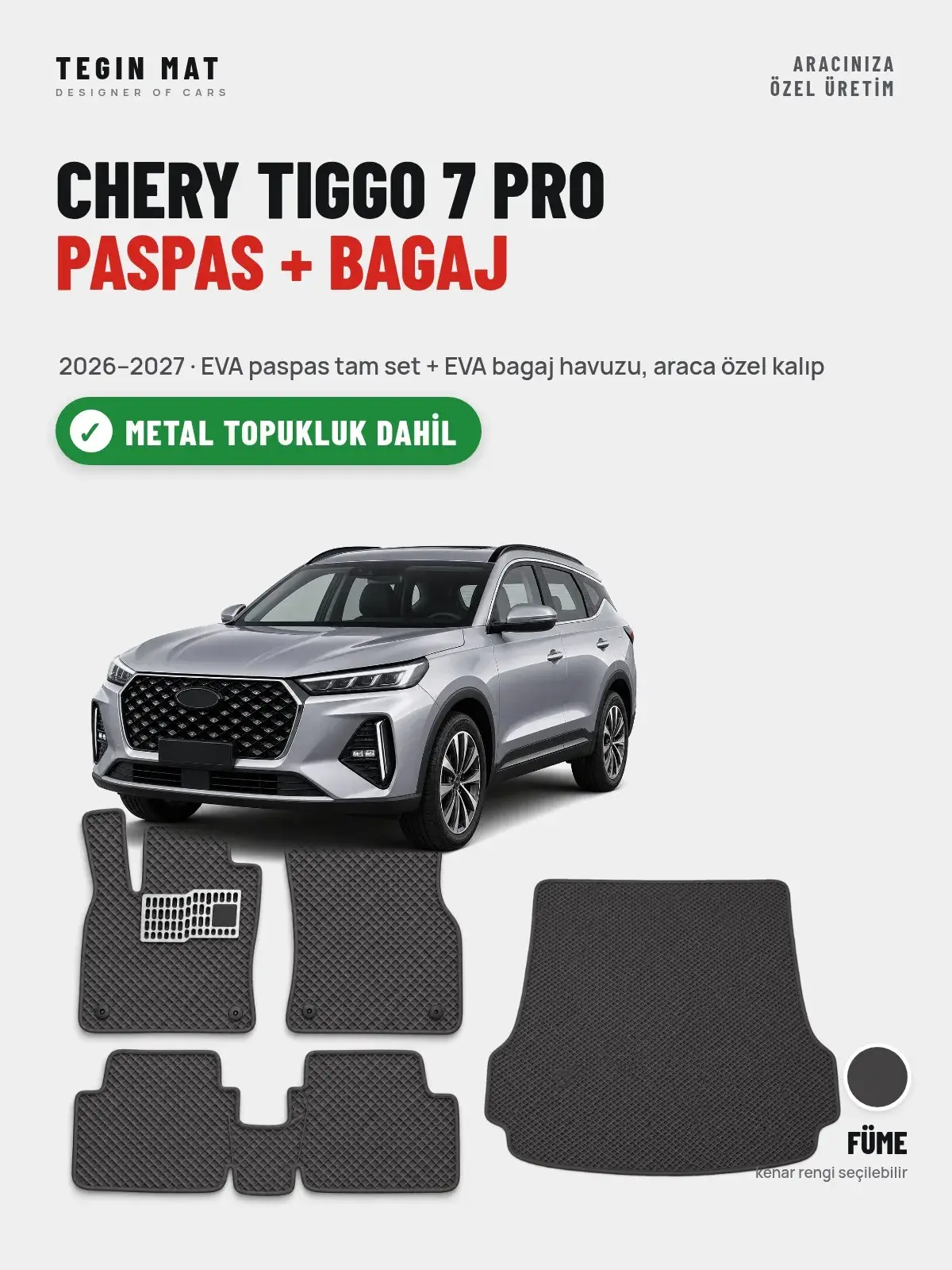 Chery Tiggo 7 Pro EVA Paspas + Bagaj Havuzu Seti (2026–2027) Füme – Metal Topukluk Dahil (1)