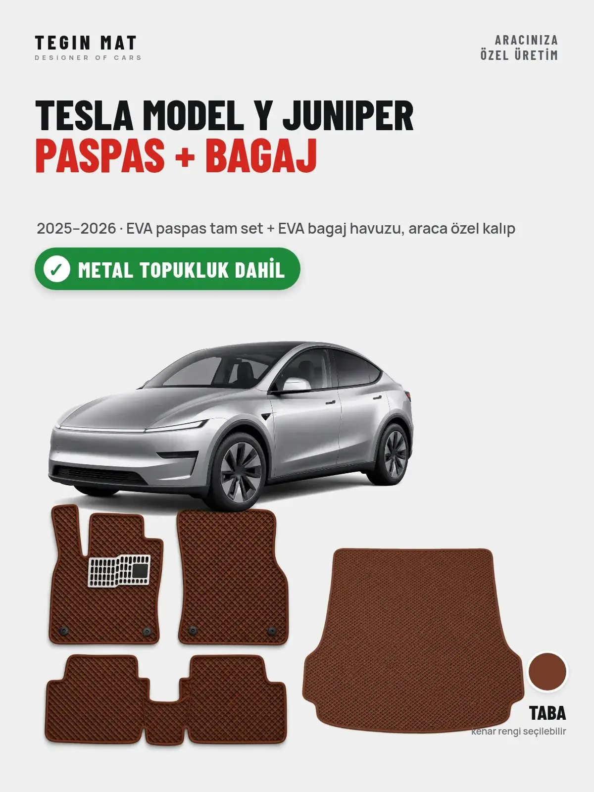 Tesla Model Y Juniper EVA Paspas + Bagaj Havuzu Seti (2025–2026) Taba – Metal Topukluk Dahil (1)
