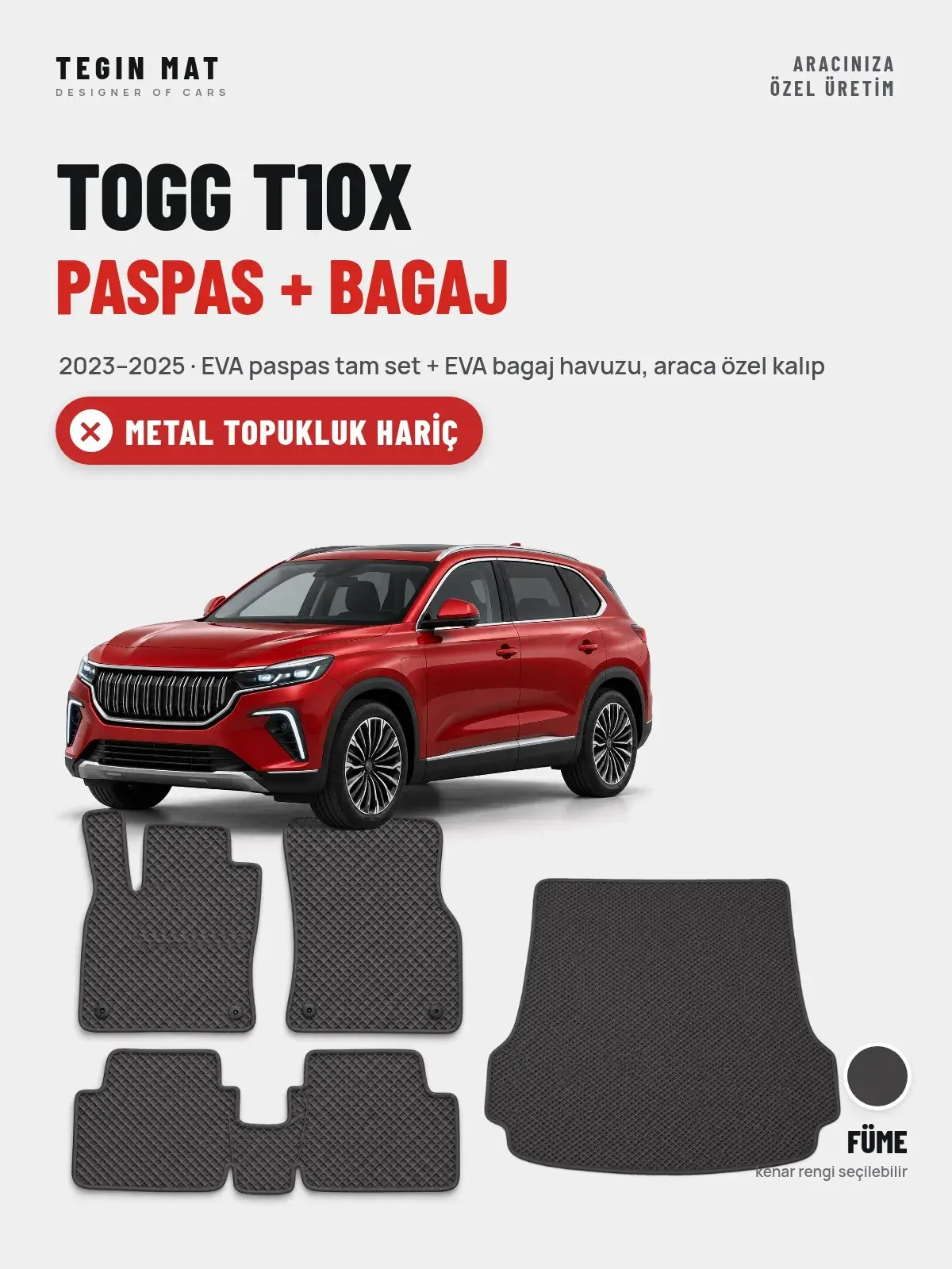 Togg T10X EVA Paspas + Bagaj Havuzu Seti (2023–2025) Füme – Metal Topukluk Hariç (1)