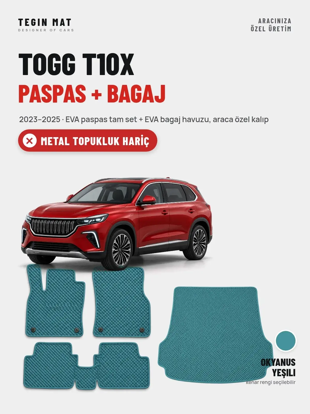 Togg T10X EVA Paspas + Bagaj Havuzu Seti (2023–2025) Okyanus Yeşili – Metal Topukluk Hariç (1)