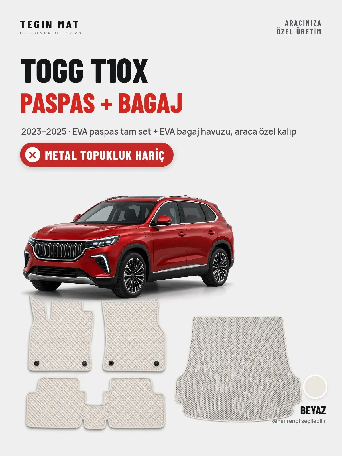 Togg T10X EVA Paspas + Bagaj Havuzu Seti (2023–2025) Beyaz – Metal Topukluk Hariç (1)