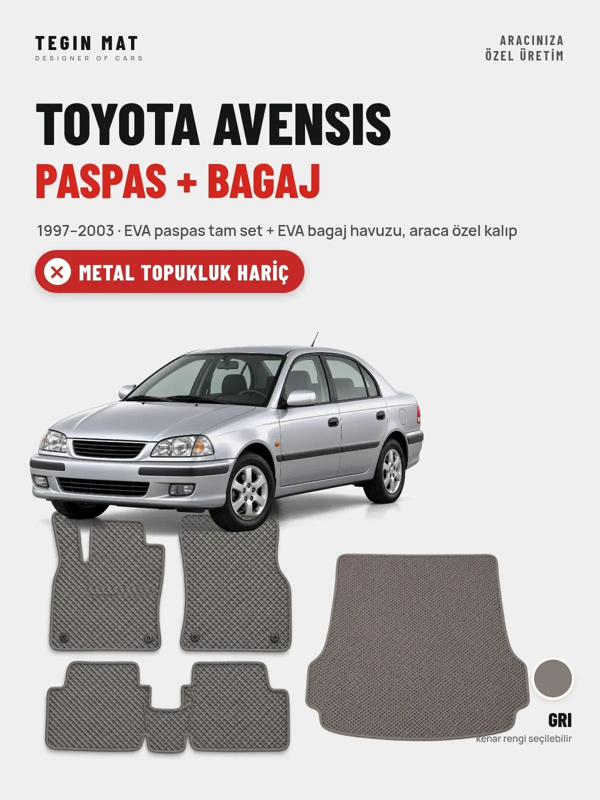 Toyota Avensis EVA Paspas + Bagaj Havuzu Seti (1997–2003) Gri – Metal Topukluk Hariç (1)
