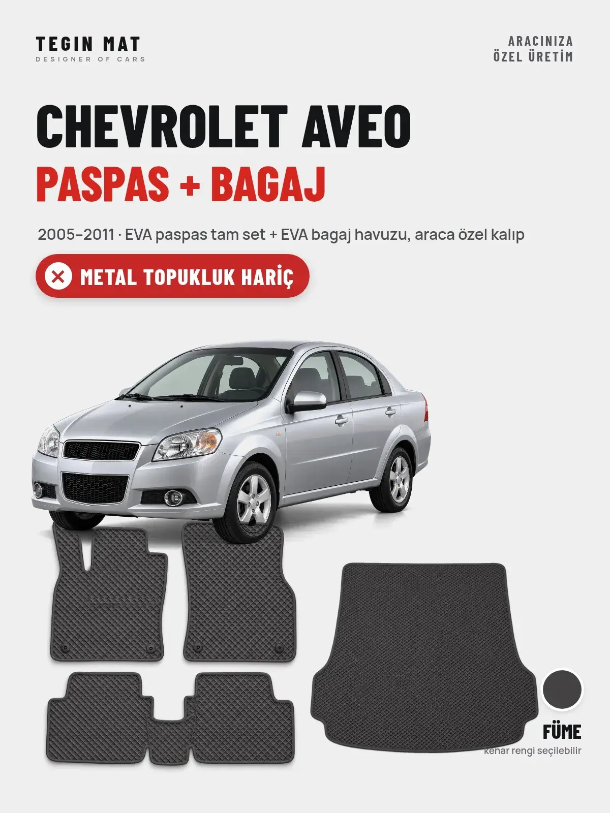 Chevrolet Aveo EVA Paspas + Bagaj Havuzu Seti (2005–2011) Füme – Metal Topukluk Hariç (1)