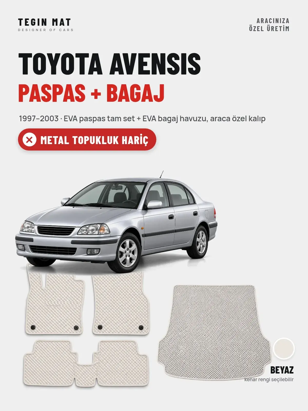 Toyota Avensis EVA Paspas + Bagaj Havuzu Seti (1997–2003) Beyaz – Metal Topukluk Hariç (1)