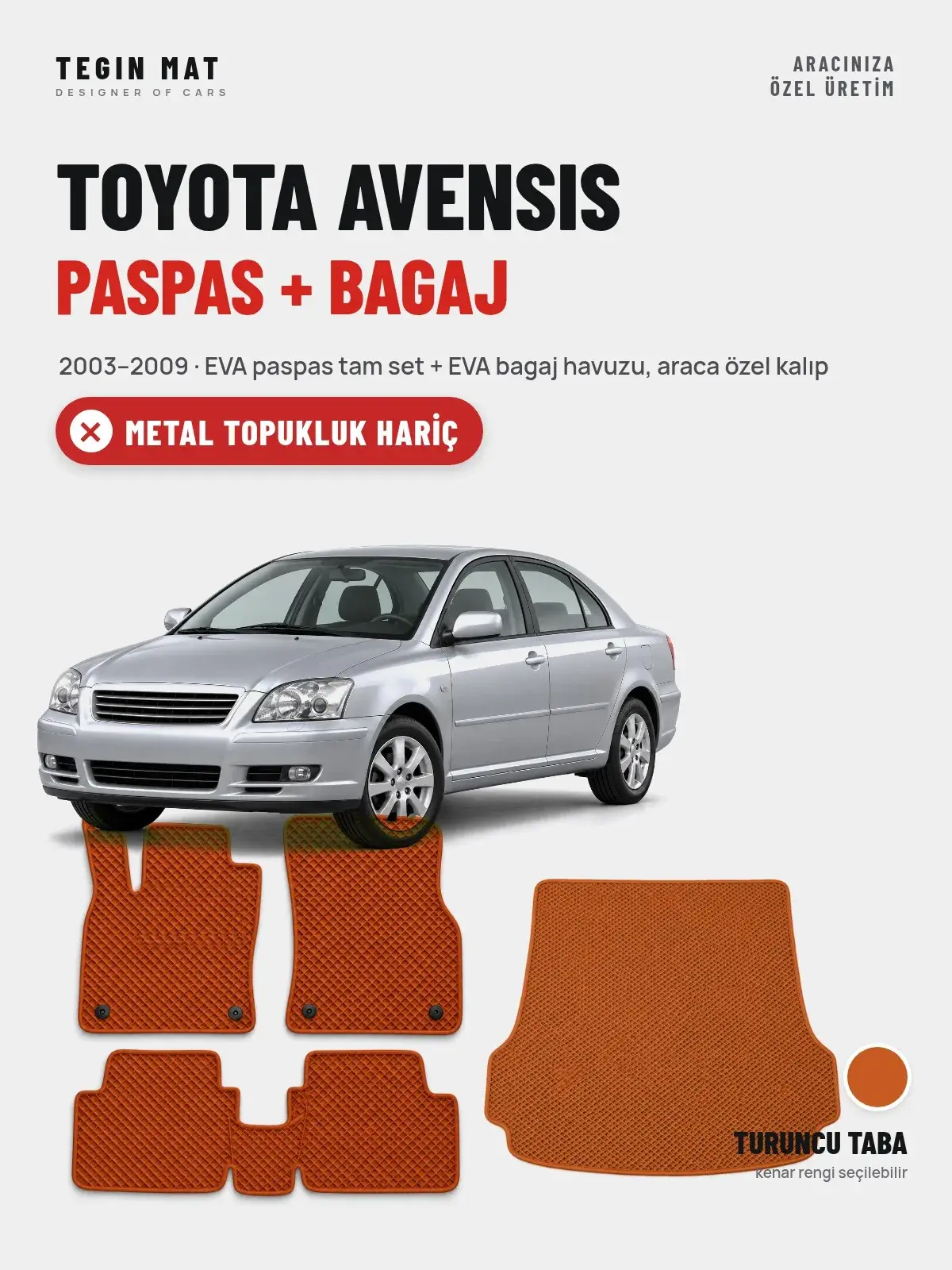Toyota Avensis EVA Paspas + Bagaj Havuzu Seti (2003–2009) Turuncu Taba – Metal Topukluk Hariç (1)