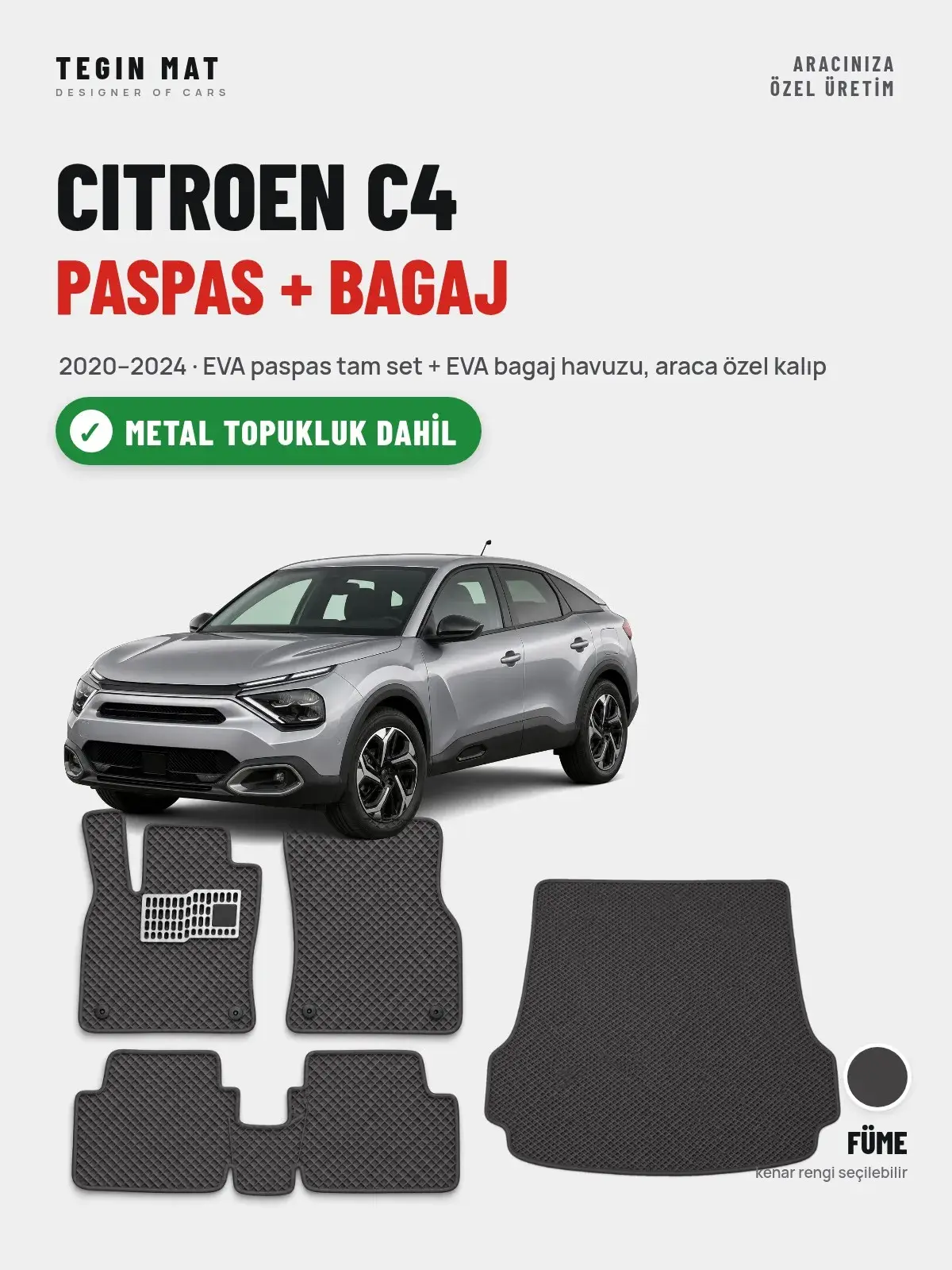 Citroen C4 EVA Paspas + Bagaj Havuzu Seti (2020–2024) Füme – Metal Topukluk Dahil (1)