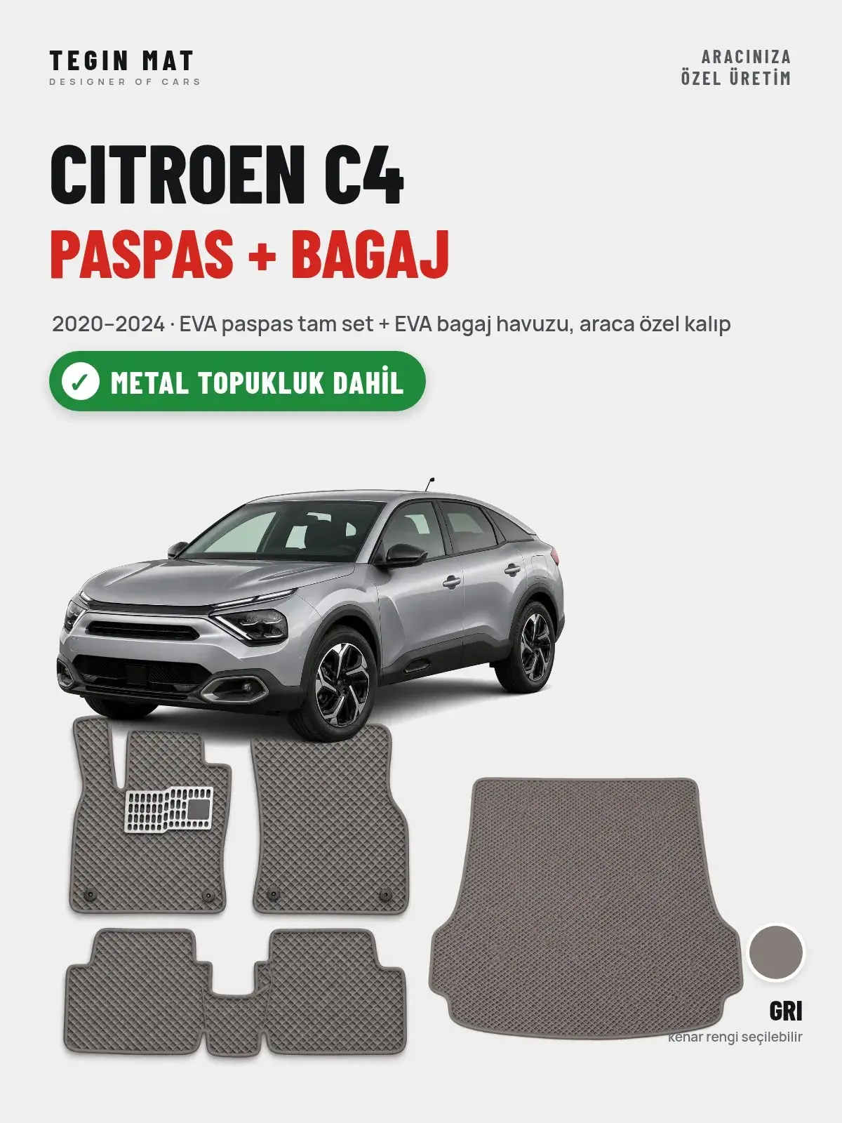 Citroen C4 EVA Paspas + Bagaj Havuzu Seti (2020–2024) Gri – Metal Topukluk Dahil (1)