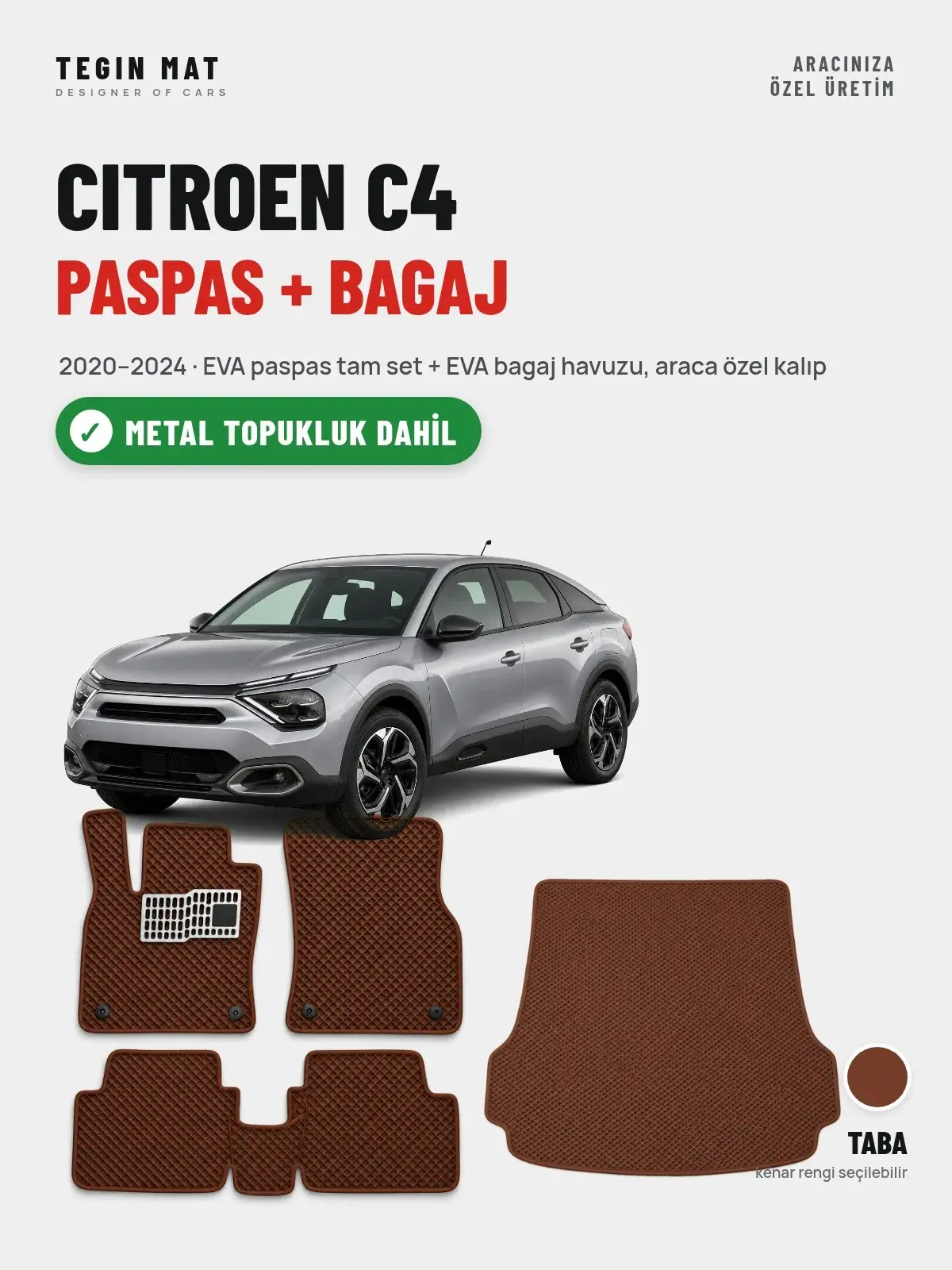 Citroen C4 EVA Paspas + Bagaj Havuzu Seti (2020–2024) Taba – Metal Topukluk Dahil (1)