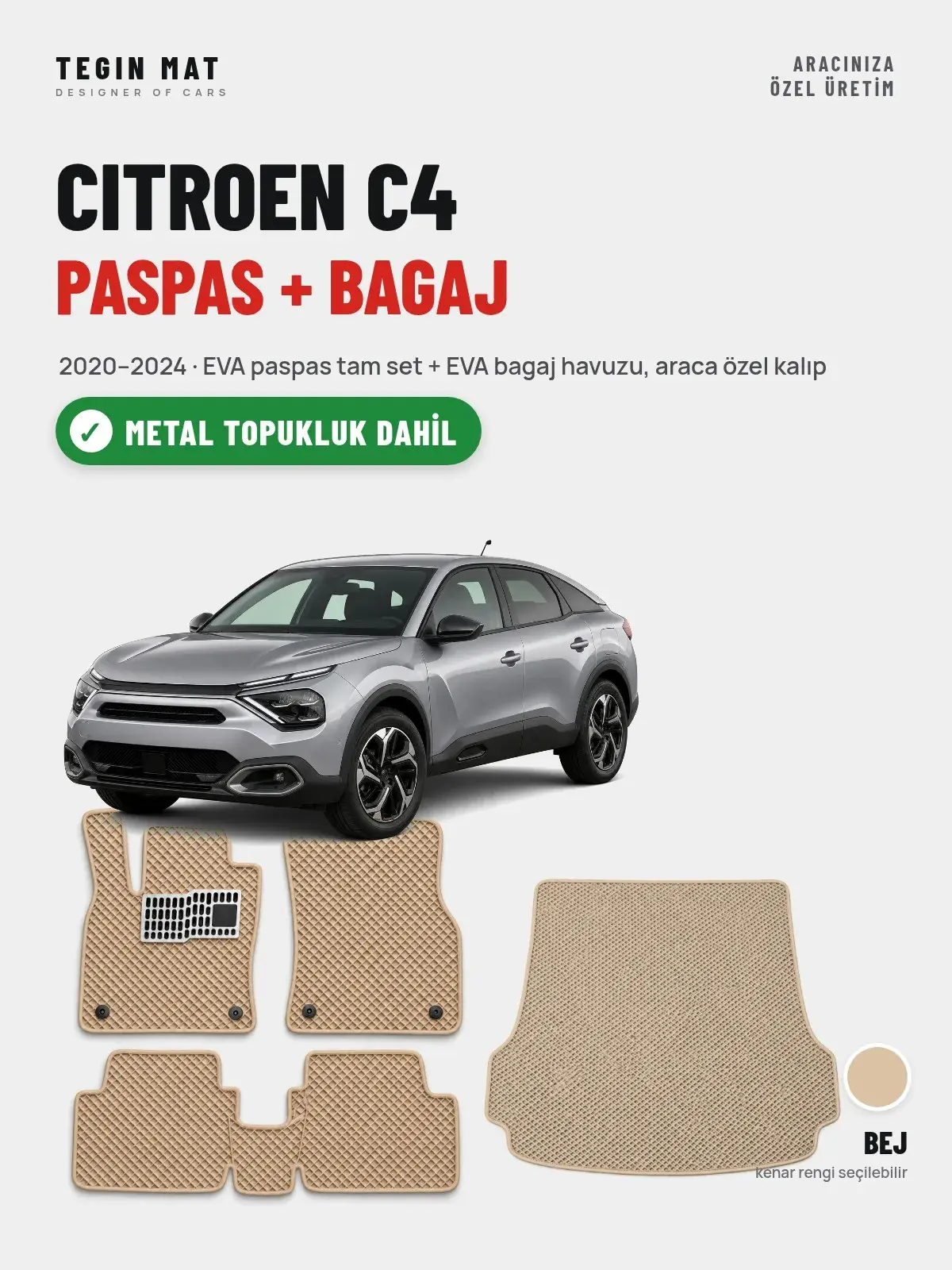 Citroen C4 EVA Paspas + Bagaj Havuzu Seti (2020–2024) Bej – Metal Topukluk Dahil (1)