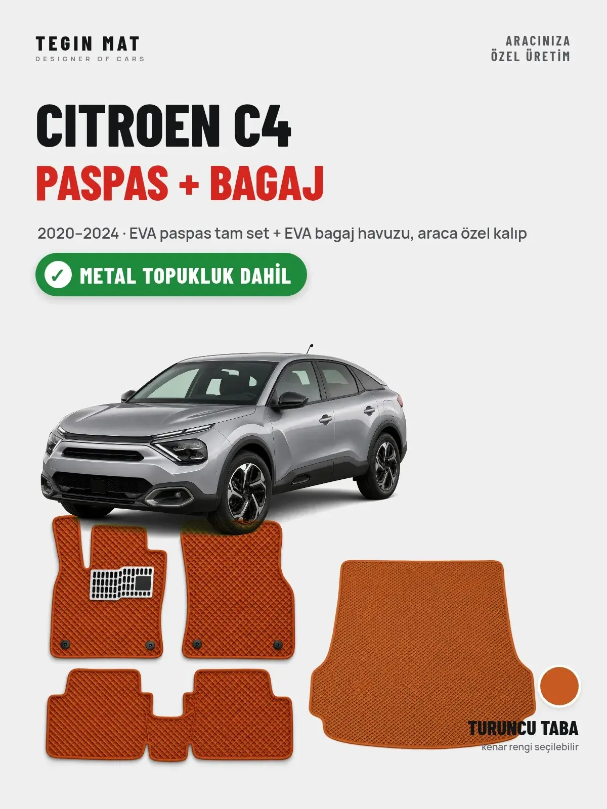 Citroen C4 EVA Paspas + Bagaj Havuzu Seti (2020–2024) Turuncu Taba – Metal Topukluk Dahil (1)