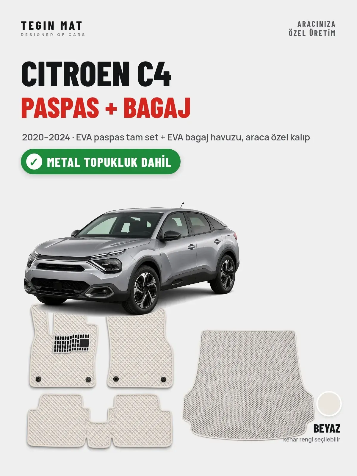 Citroen C4 EVA Paspas + Bagaj Havuzu Seti (2020–2024) Beyaz – Metal Topukluk Dahil (1)