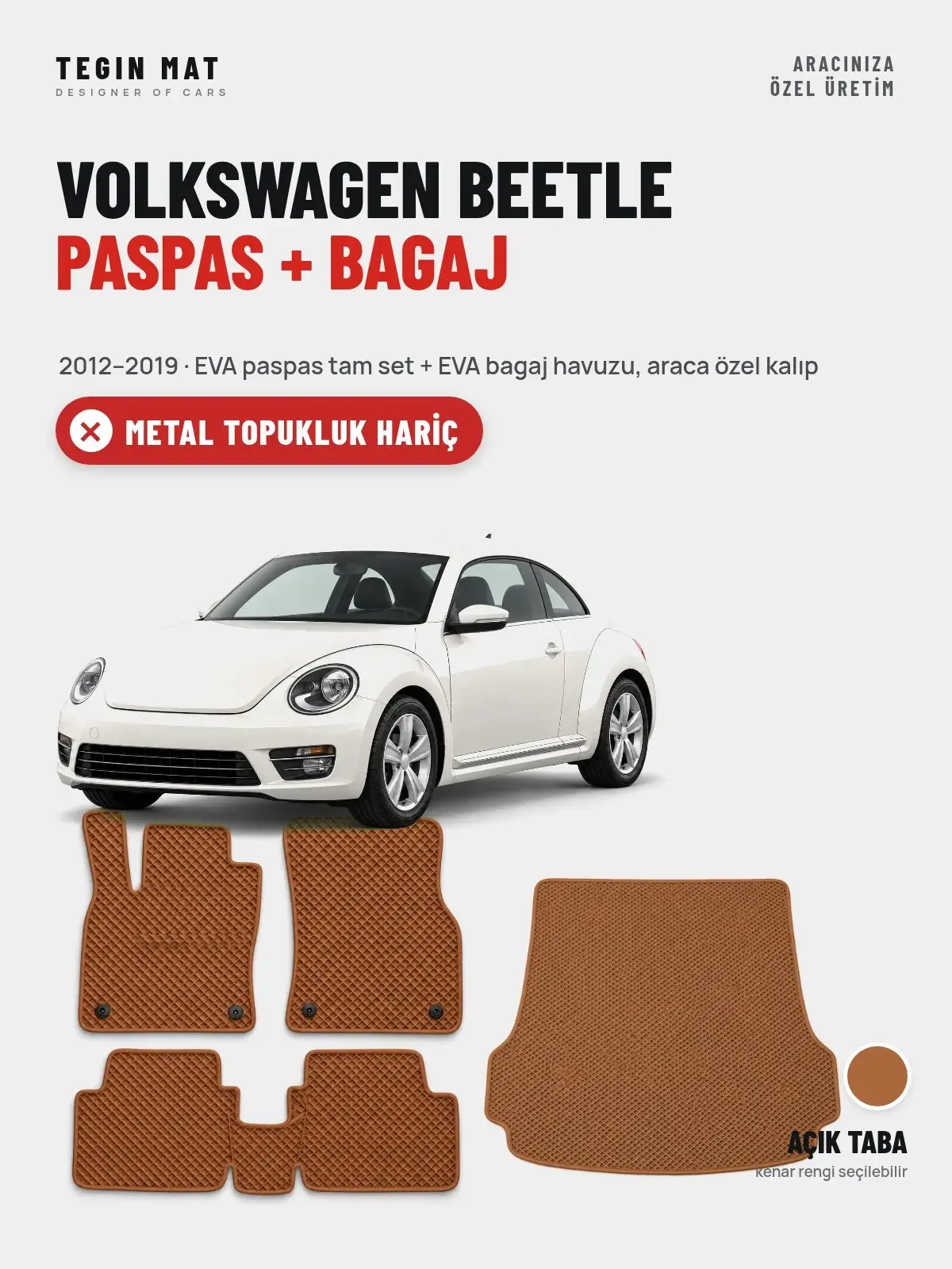 Volkswagen Beetle EVA Paspas + Bagaj Havuzu Seti (2012–2019) Açık Taba – Metal Topukluk Hariç (1)