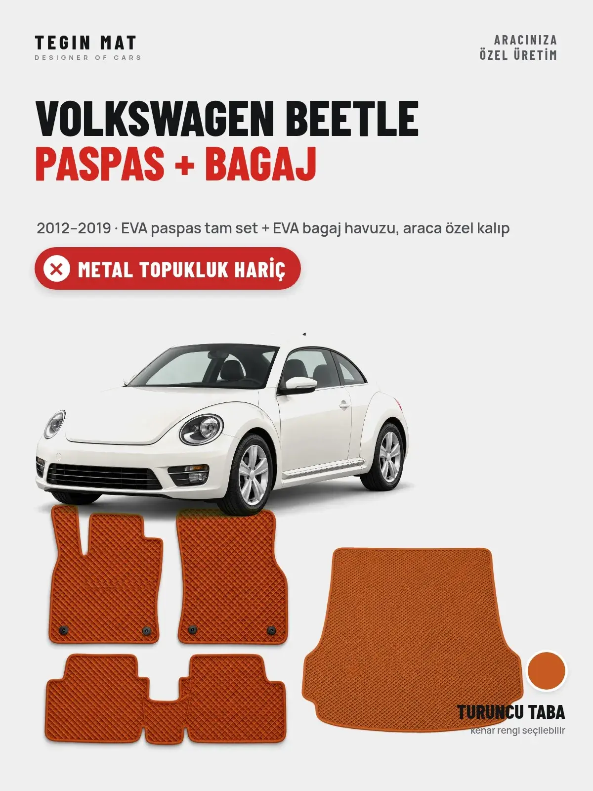 Volkswagen Beetle EVA Paspas + Bagaj Havuzu Seti (2012–2019) Turuncu Taba – Metal Topukluk Hariç (1)