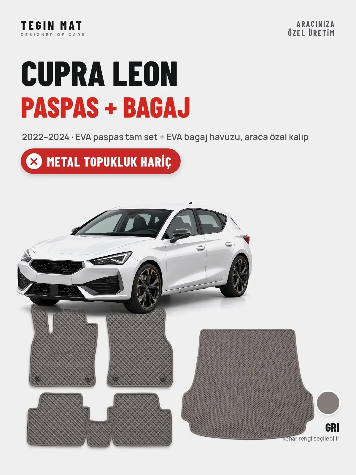 Cupra Leon EVA Paspas + Bagaj Havuzu Seti (2022–2024) Gri – Metal Topukluk Hariç (1)