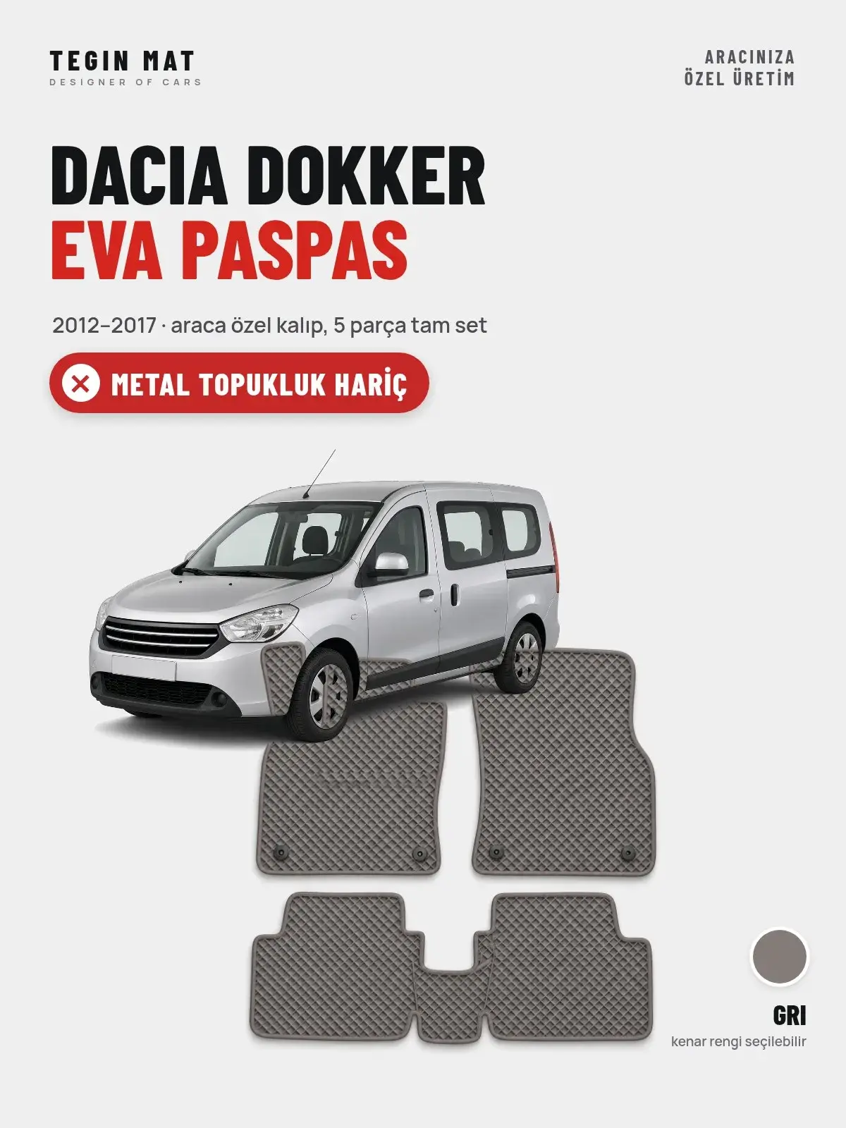 Dacia Dokker EVA Oto Paspas Tam Set (2012–2017) Gri – Metal Topukluk Hariç (1)