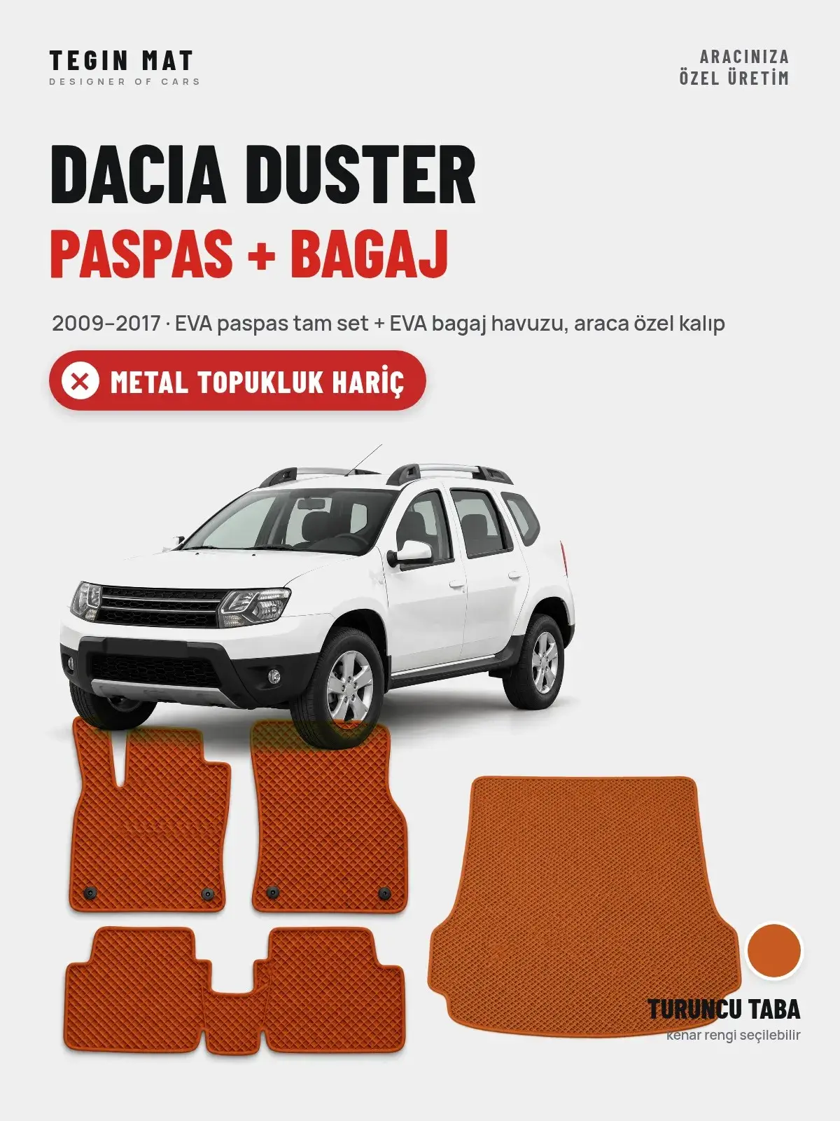 Dacia Duster EVA Paspas + Bagaj Havuzu Seti (2009–2017) Turuncu Taba – Metal Topukluk Hariç (1)