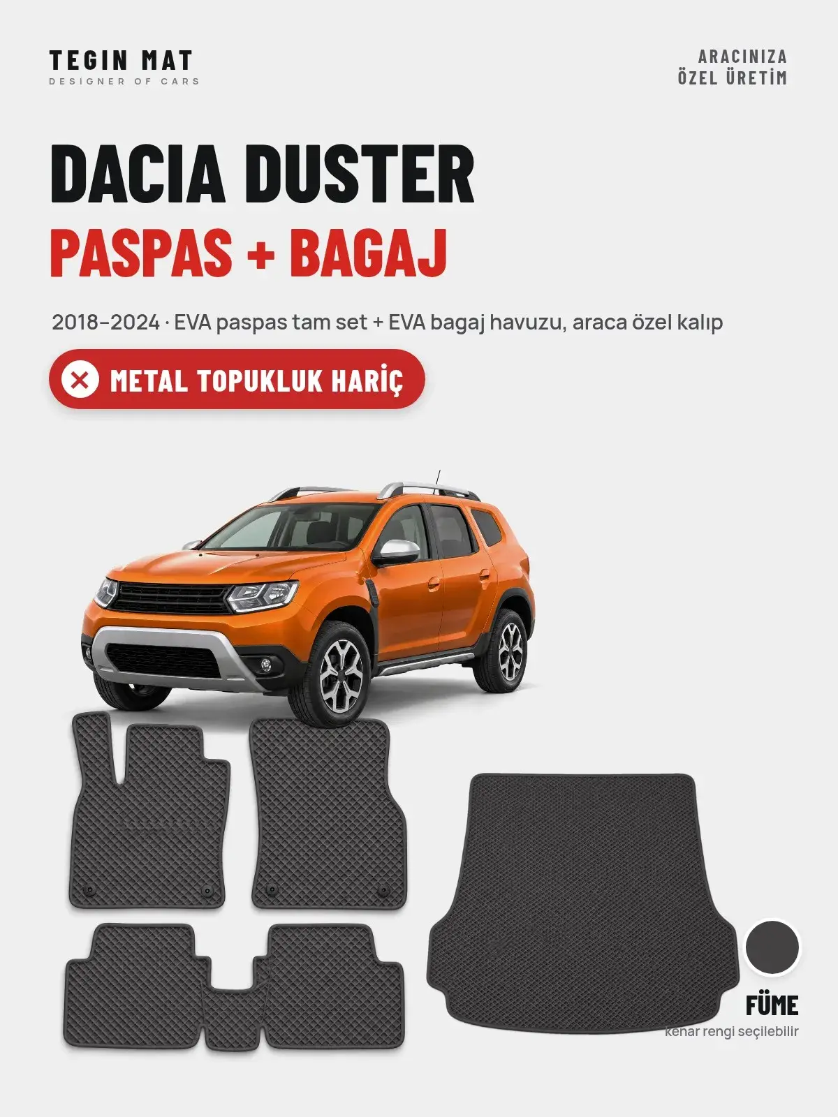 Dacia Duster EVA Paspas + Bagaj Havuzu Seti (2018–2024) Füme – Metal Topukluk Hariç (1)