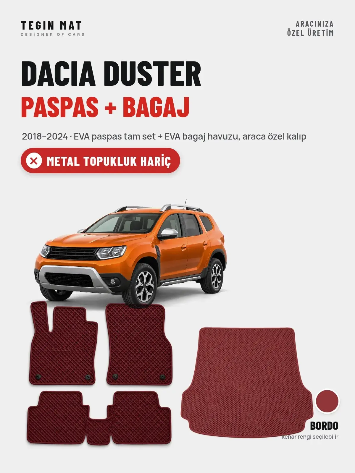 Dacia Duster EVA Paspas + Bagaj Havuzu Seti (2018–2024) Bordo – Metal Topukluk Hariç (1)