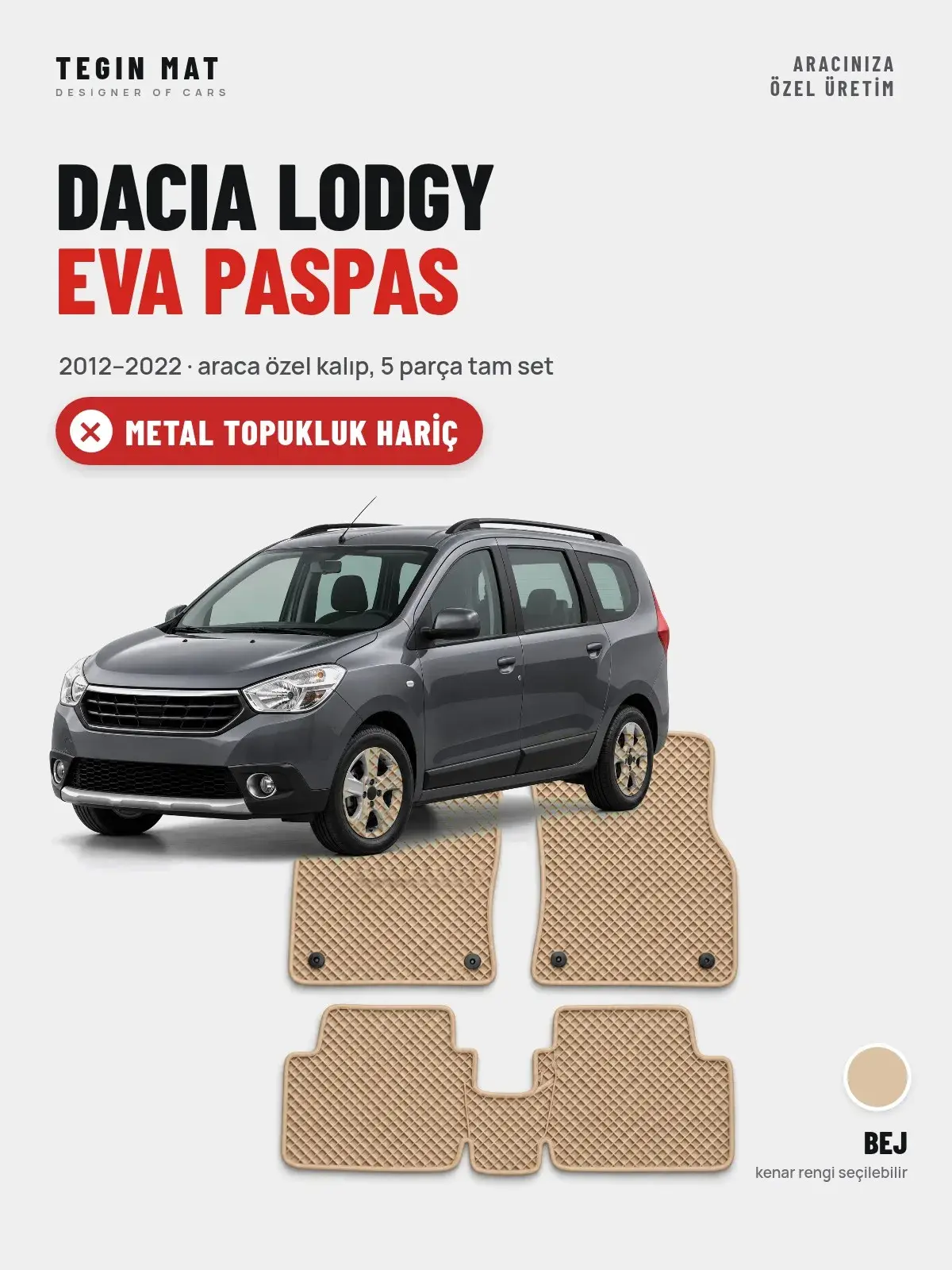 Dacia Lodgy EVA Oto Paspas Tam Set (2012–2022) Bej – Metal Topukluk Hariç (1)