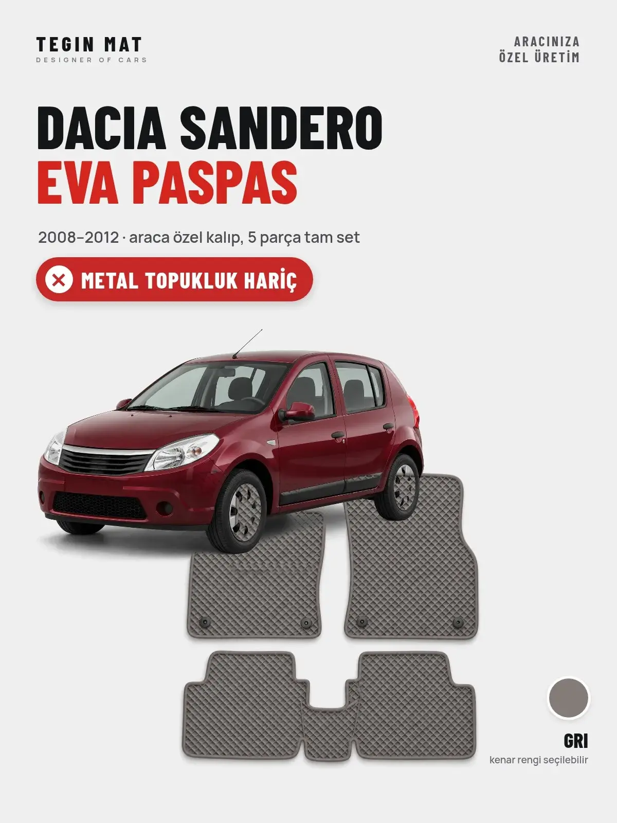 Dacia Sandero EVA Oto Paspas Tam Set (2008–2012) Gri – Metal Topukluk Hariç (1)