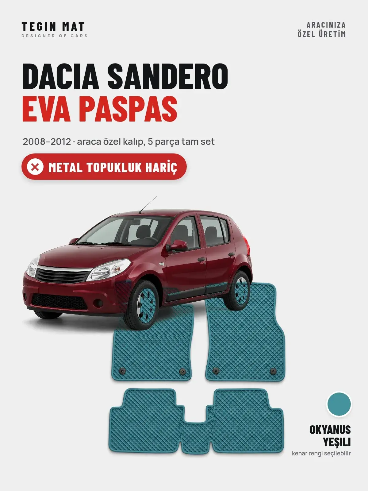Dacia Sandero EVA Oto Paspas Tam Set (2008–2012) Okyanus Yeşili – Metal Topukluk Hariç (1)