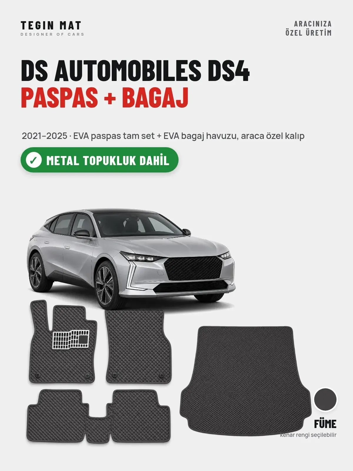 DS Automobiles DS4 EVA Paspas + Bagaj Havuzu Seti (2021–2025) Füme – Metal Topukluk Dahil (1)