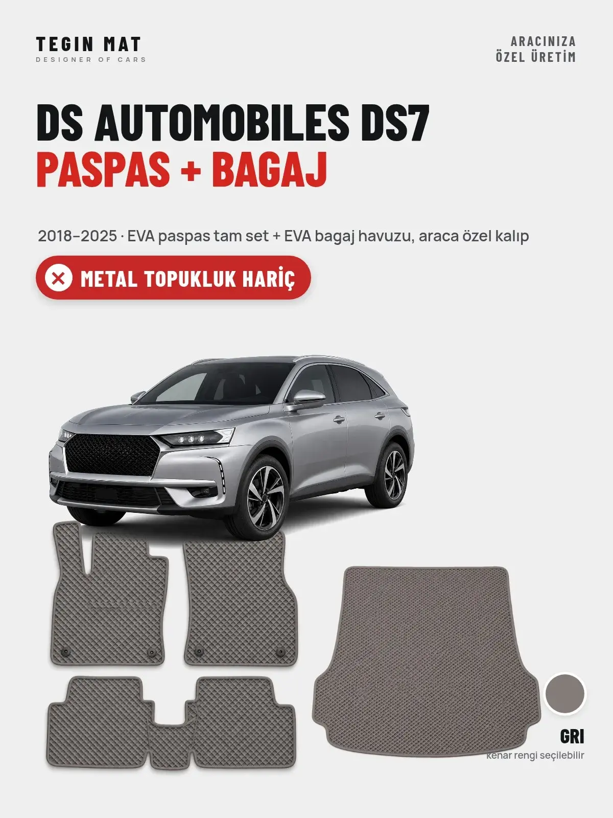 DS Automobiles DS7 EVA Paspas + Bagaj Havuzu Seti (2018–2025) Gri – Metal Topukluk Hariç (1)