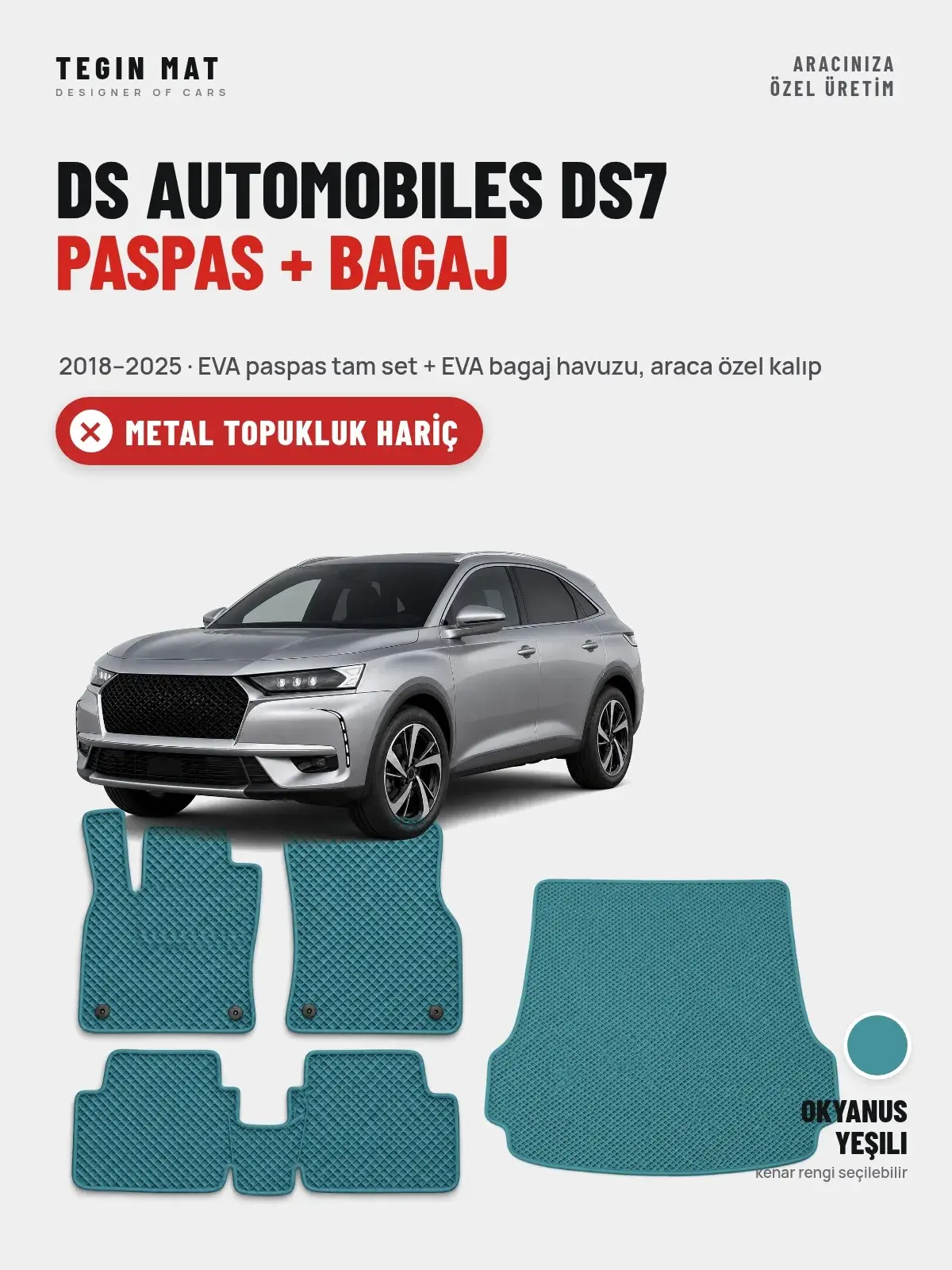 DS Automobiles DS7 EVA Paspas + Bagaj Havuzu Seti (2018–2025) Okyanus Yeşili – Metal Topukluk Hariç (1)