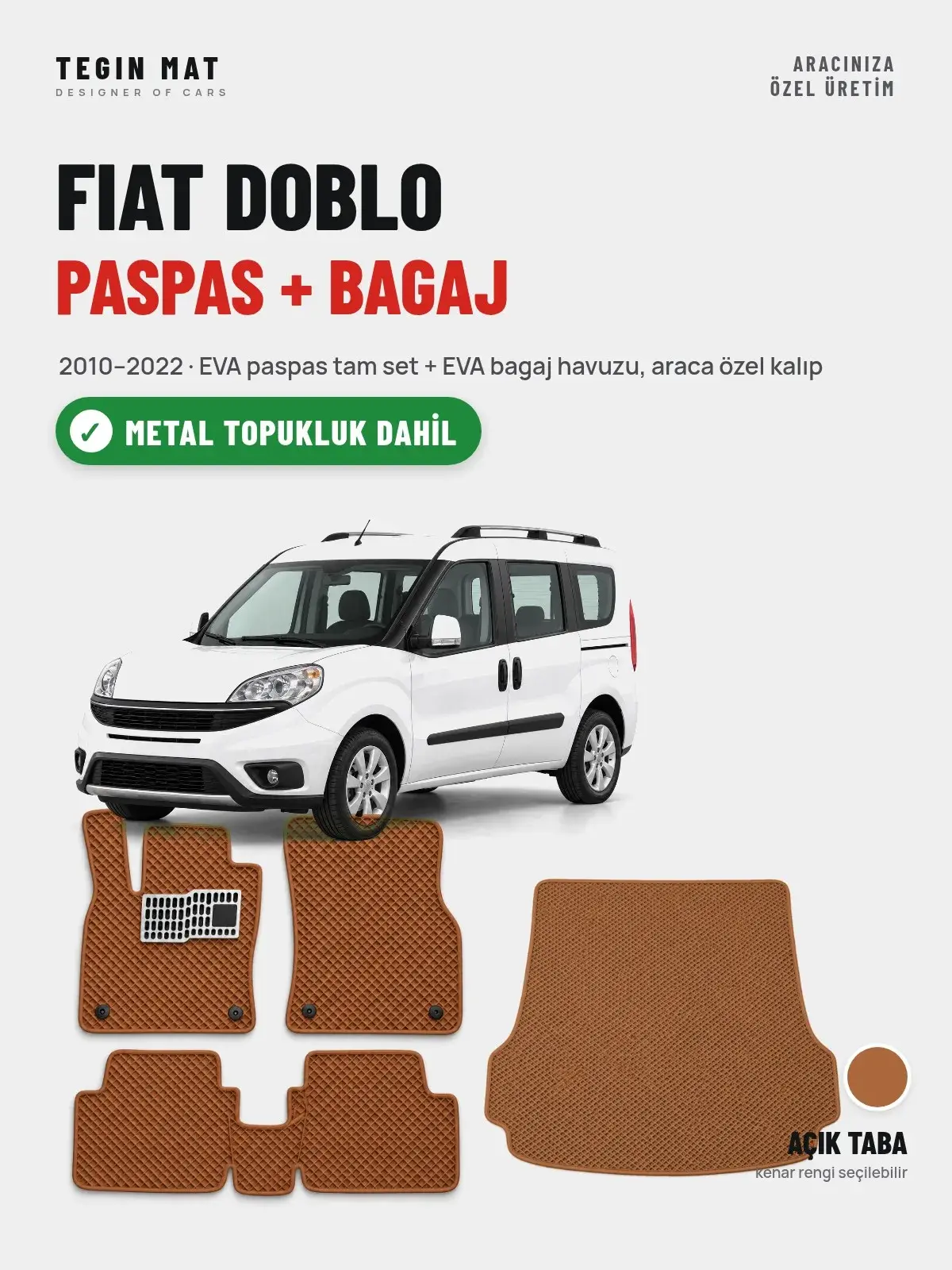 Fiat Doblo EVA Paspas + Bagaj Havuzu Seti (2010–2022) Açık Taba – Metal Topukluk Dahil (1)