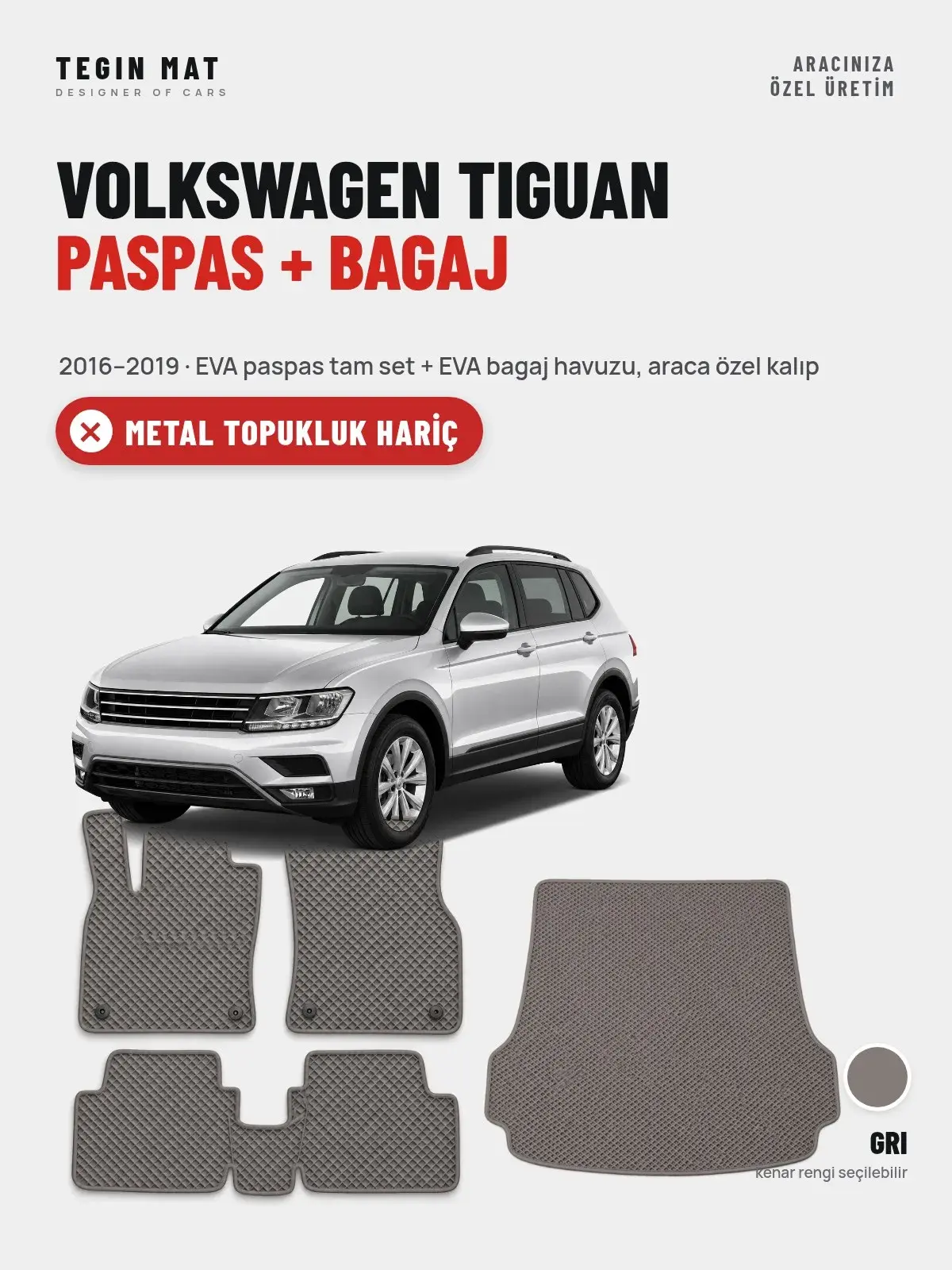 Volkswagen Tiguan EVA Paspas + Bagaj Havuzu Seti (2016–2019) Gri – Metal Topukluk Hariç (1)