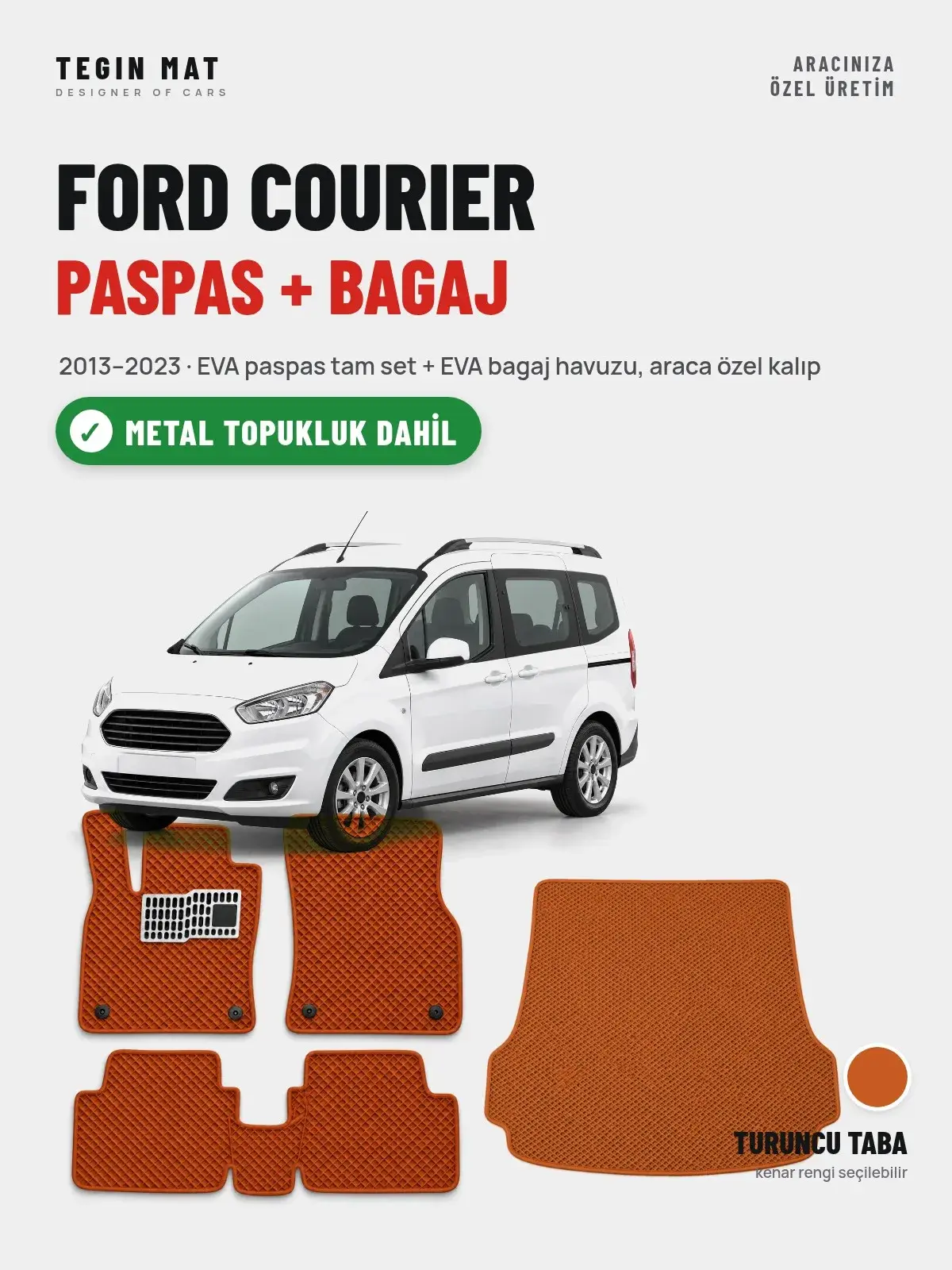 Ford Courier EVA Paspas + Bagaj Havuzu Seti (2013–2023) Turuncu Taba – Metal Topukluk Dahil (1)