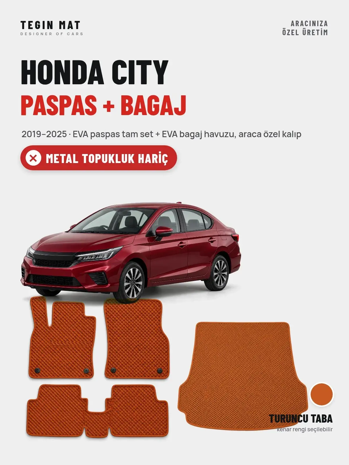 Honda City EVA Paspas + Bagaj Havuzu Seti (2019–2025) Turuncu Taba – Metal Topukluk Hariç (1)