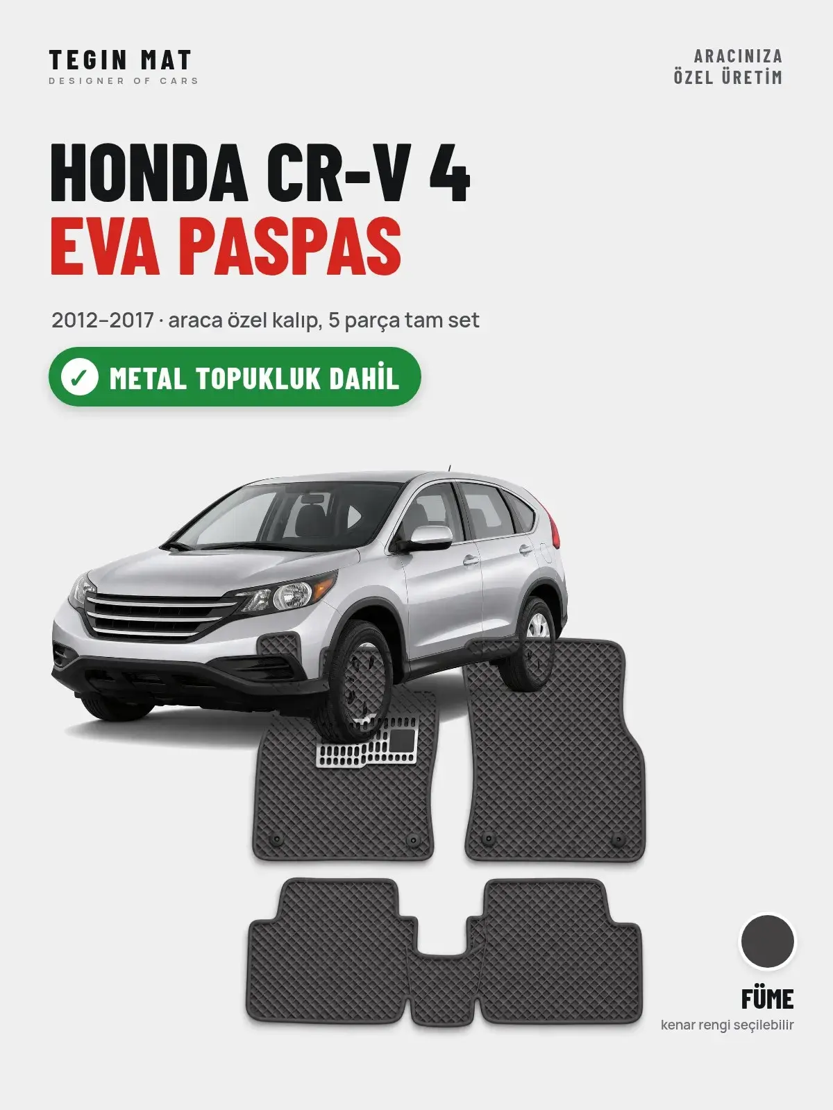 Honda CR-V 4 EVA Oto Paspas Tam Set (2012–2017) Füme – Metal Topukluk Dahil (1)