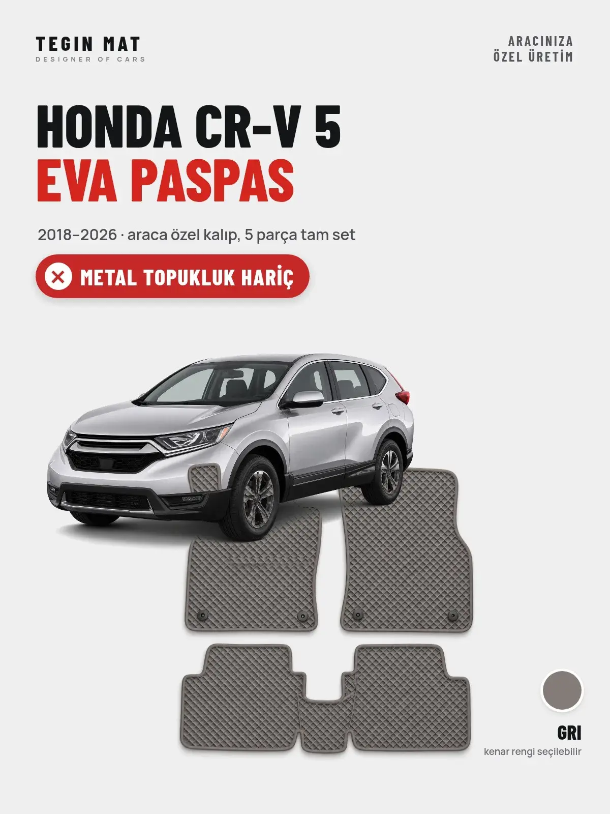 Honda CR-V 5 EVA Oto Paspas Tam Set (2018–2026) Gri – Metal Topukluk Hariç (1)