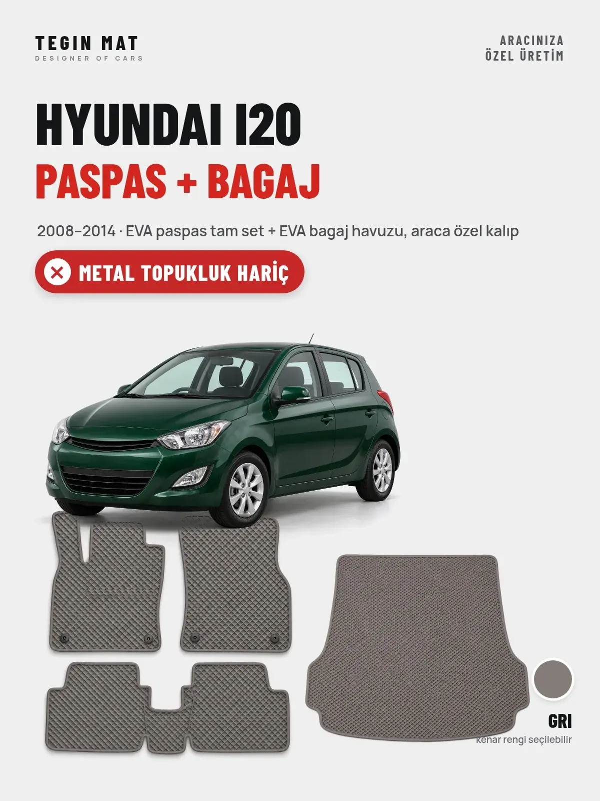 Hyundai i20 EVA Paspas + Bagaj Havuzu Seti (2008–2014) Gri – Metal Topukluk Hariç (1)